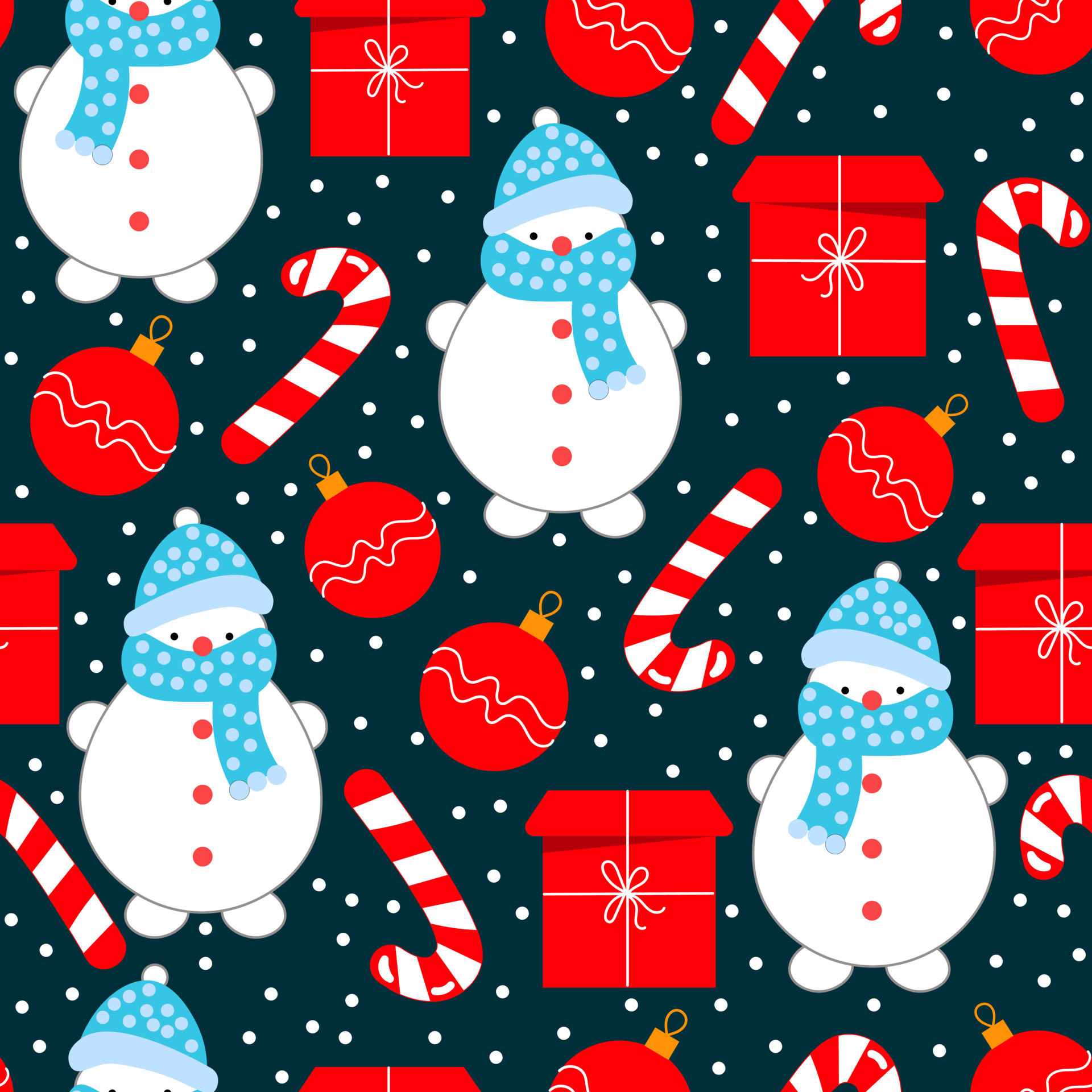 1920x1920 Christmas seamless pattern, cute snowman, candy cane, Christmas ball and red gift on a snow background. Graphic design for textiles, paper, wallpaper. Festive packaging, Phone