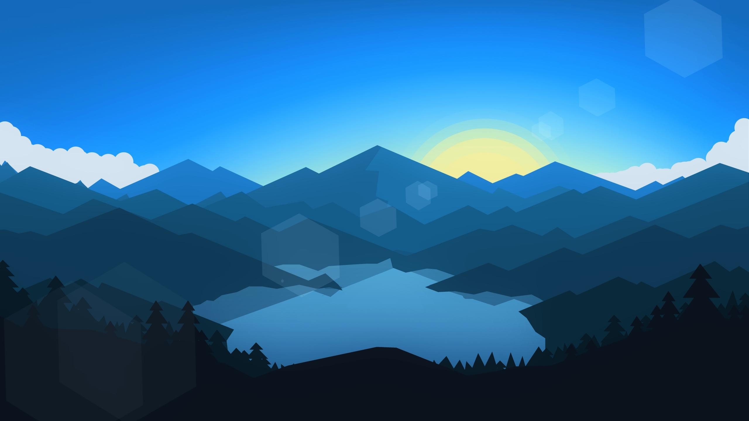 2560x1440 minimalism, Abstract, Sun, Geometry, Landscape, Mountains, Trees, Desktop