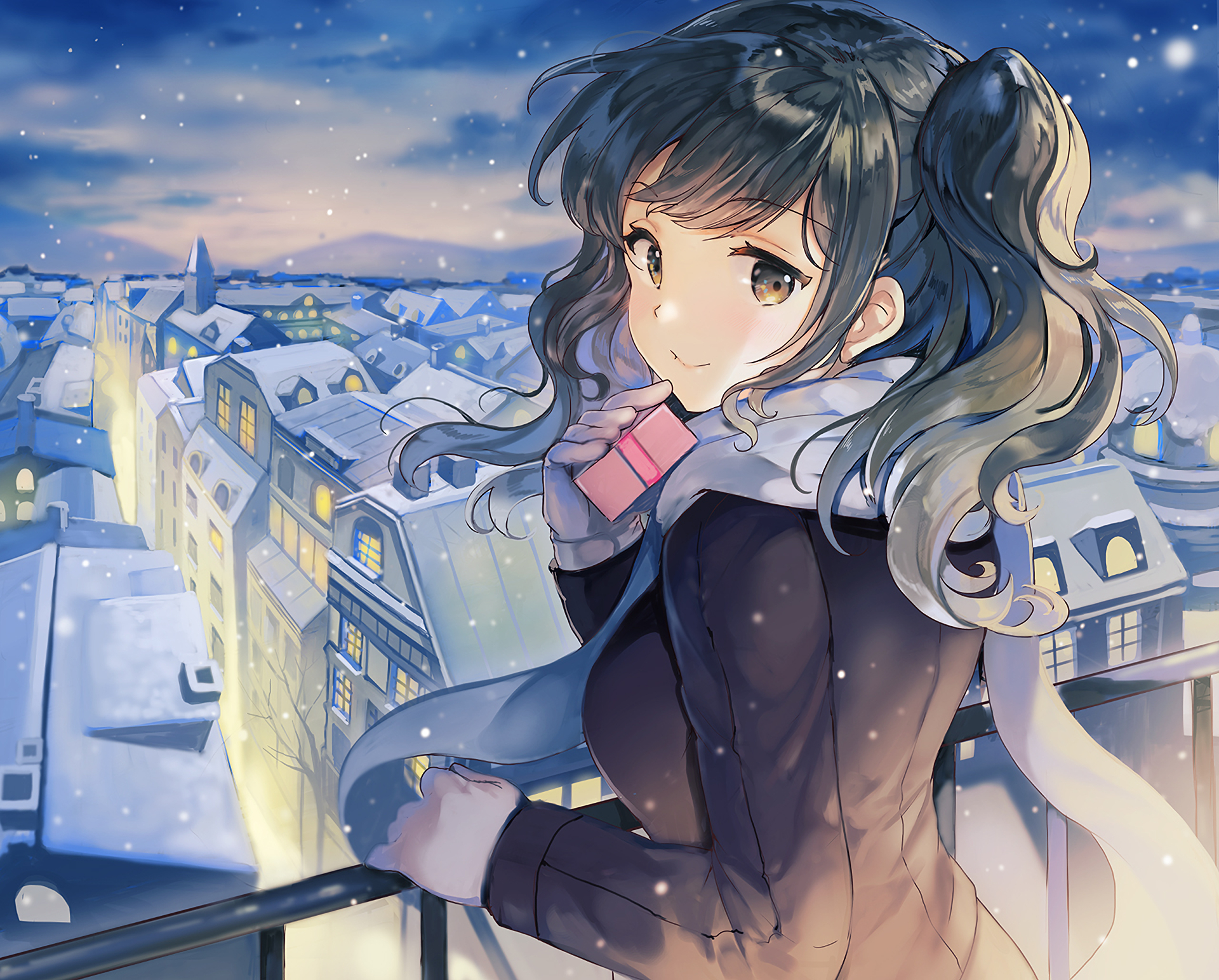 1920x1550 Wallpaper, anime girls, original characters, winter, cold, looking at viewer, gift, brunette, long hair, smiling, cityscape, sky, artwork, mountains, Desktop