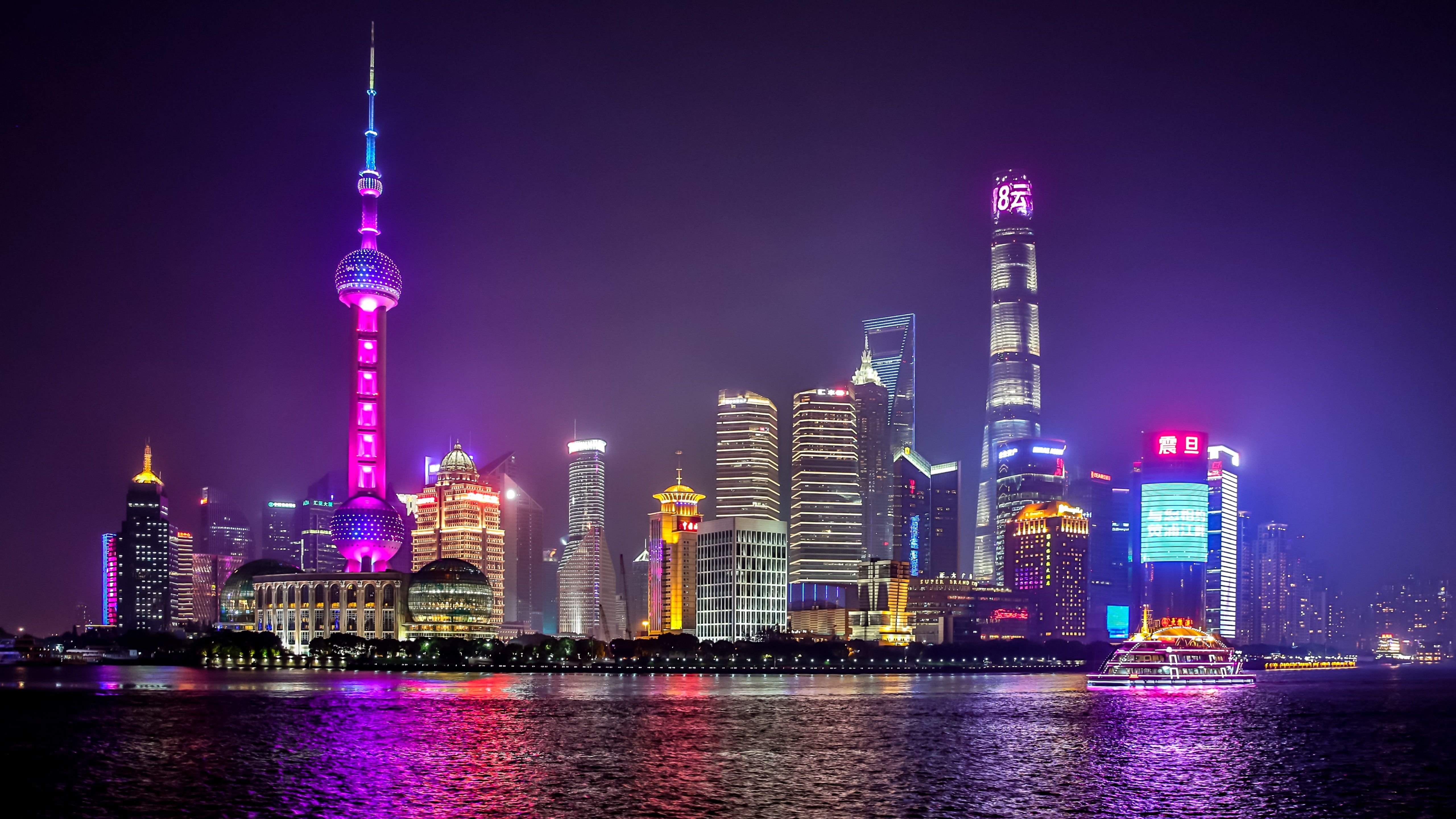 5120x2880 Shanghai City 4K Wallpaper, Body of Water, Reflection, Skyscrapers, Night life, Cityscape, Lights, World, Desktop