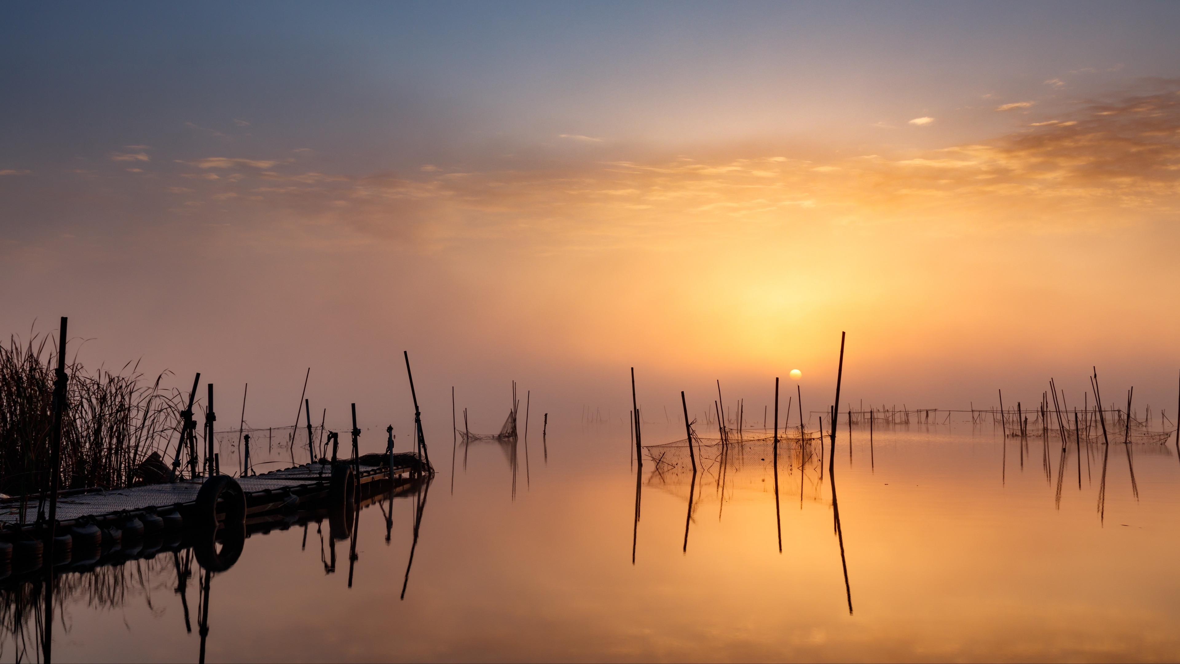 3840x2160 Wallpaper 4k pier, sunset, lake, fishing nets 4k Wallpaper, Desktop