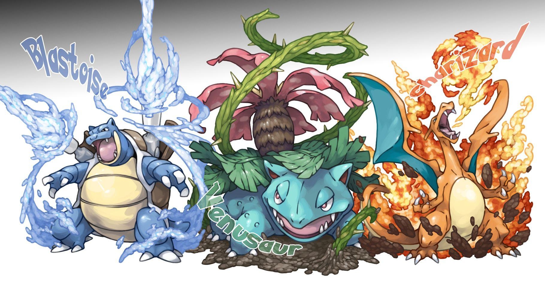 1820x950 blastoise, charizard, and venusaur (pokemon) drawn, Desktop