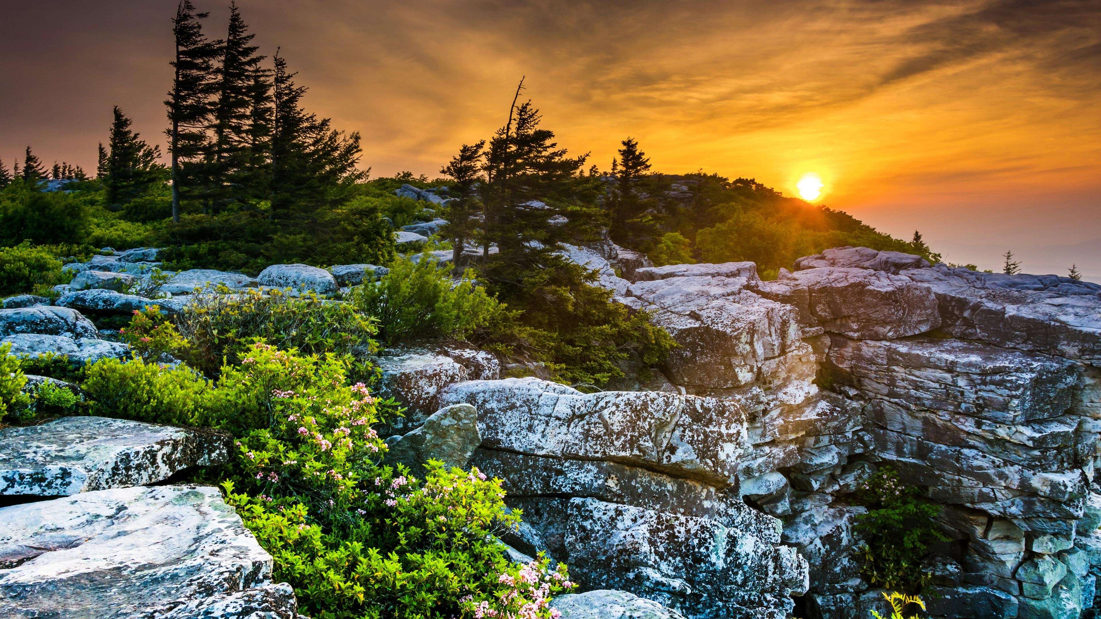 3840x2160 Wallpaper USA, West Virginia, beautiful sunset, rocks, trees, red, Desktop