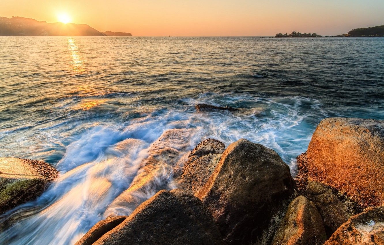 1340x850 Wallpaper water, the sun, landscape, sunset, mountains, stones, Mexico, Acapulco image for desktop, section пейзажи, Desktop