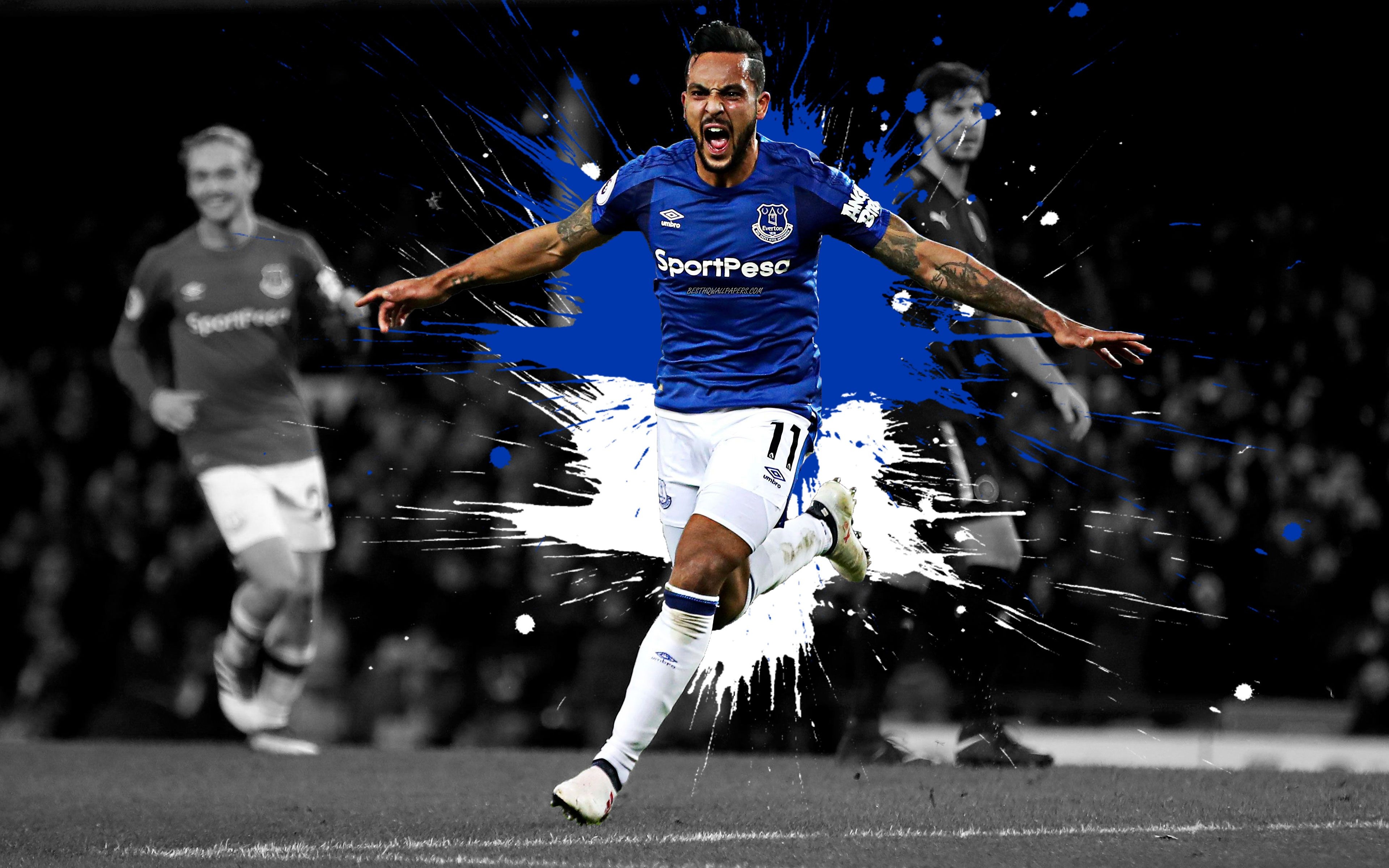 3840x2400 Download wallpaper Theo Walcott, 4k, art, Everton FC, English football player, splashes of paint, grunge art, creative art, Premier League, England, football for desktop with resolution. High Quality HD picture wallpaper, Desktop