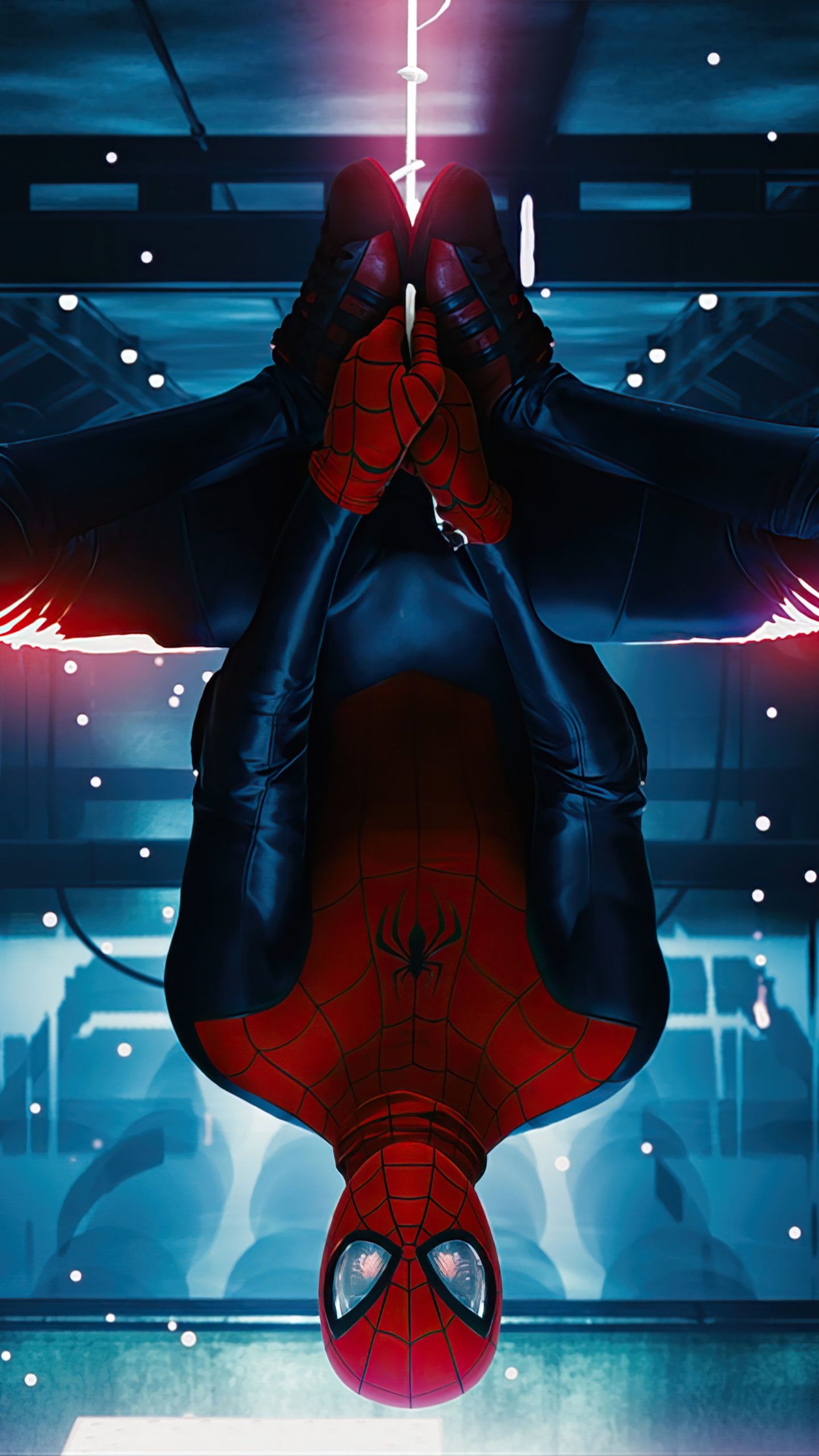 1440x2560 Spider Man Miles Morales Hanging Upside Down 4K Ultra HD Mobile Wallpaper, Phone