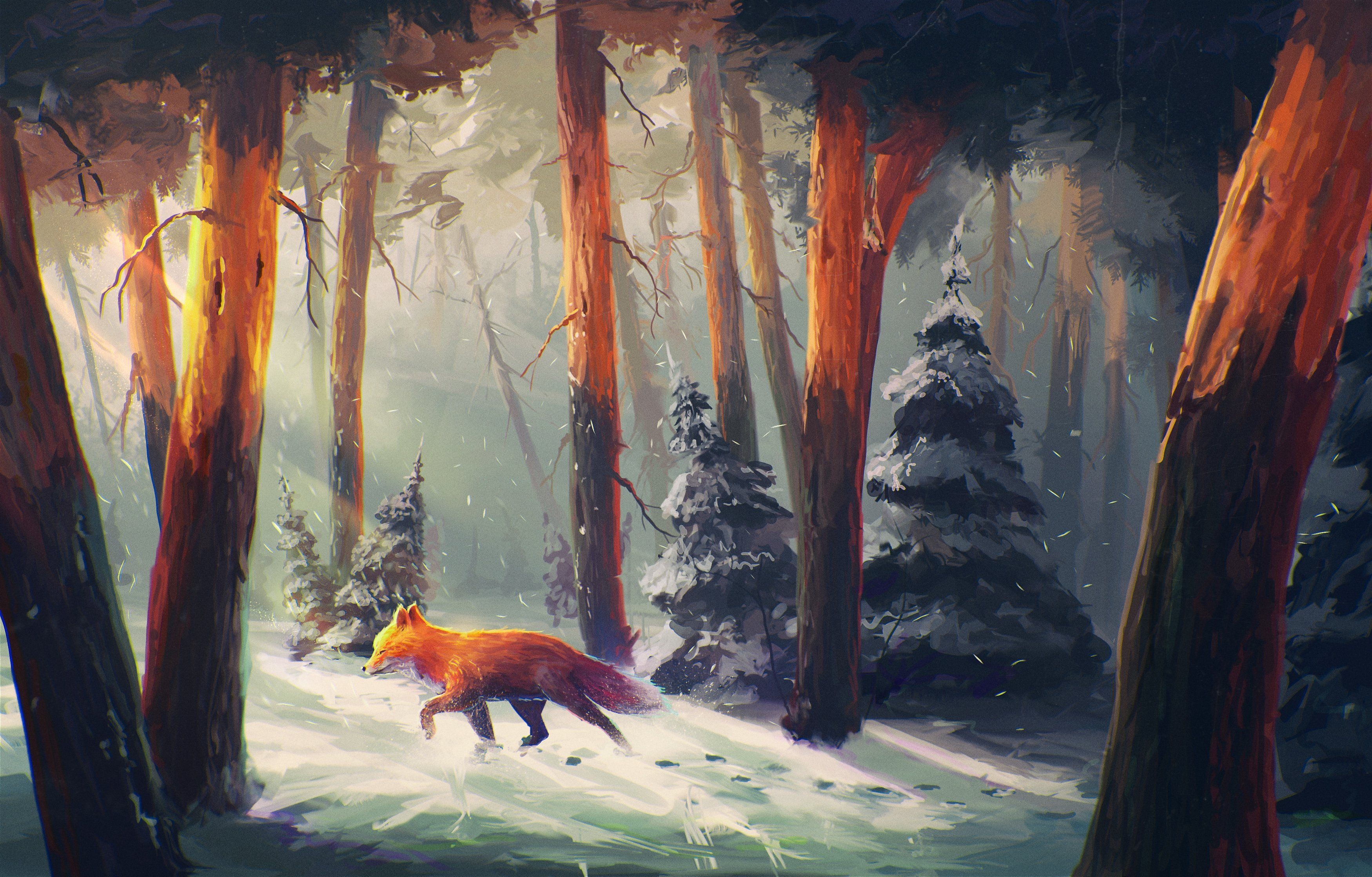 3500x2240 Anime fox tree animal sunshine forest snow winter wallpaper, Desktop