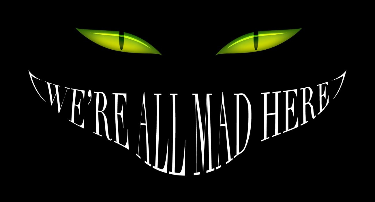 1300x700 Alice in Wonderland Smile Cheshire Cat Black Mad Eyes dark halloween wallpaperx1050, Desktop