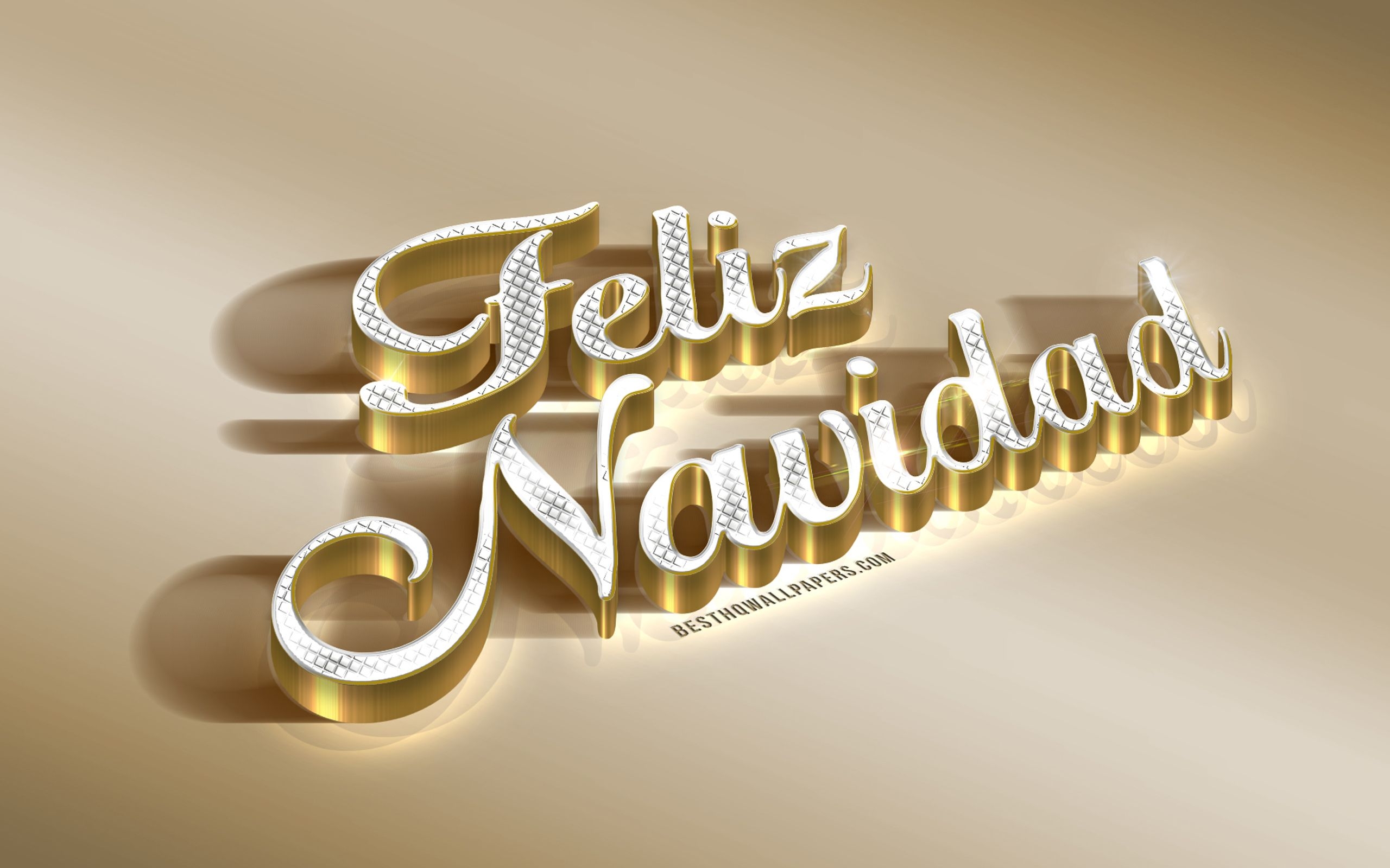 2560x1600 Download wallpaper Feliz Navidad, golden 3D art, Merry Christmas in Spanish, gold background, gold metallic letters, Christmas golden background, Spain for desktop with resolution. High Quality HD picture wallpaper, Desktop