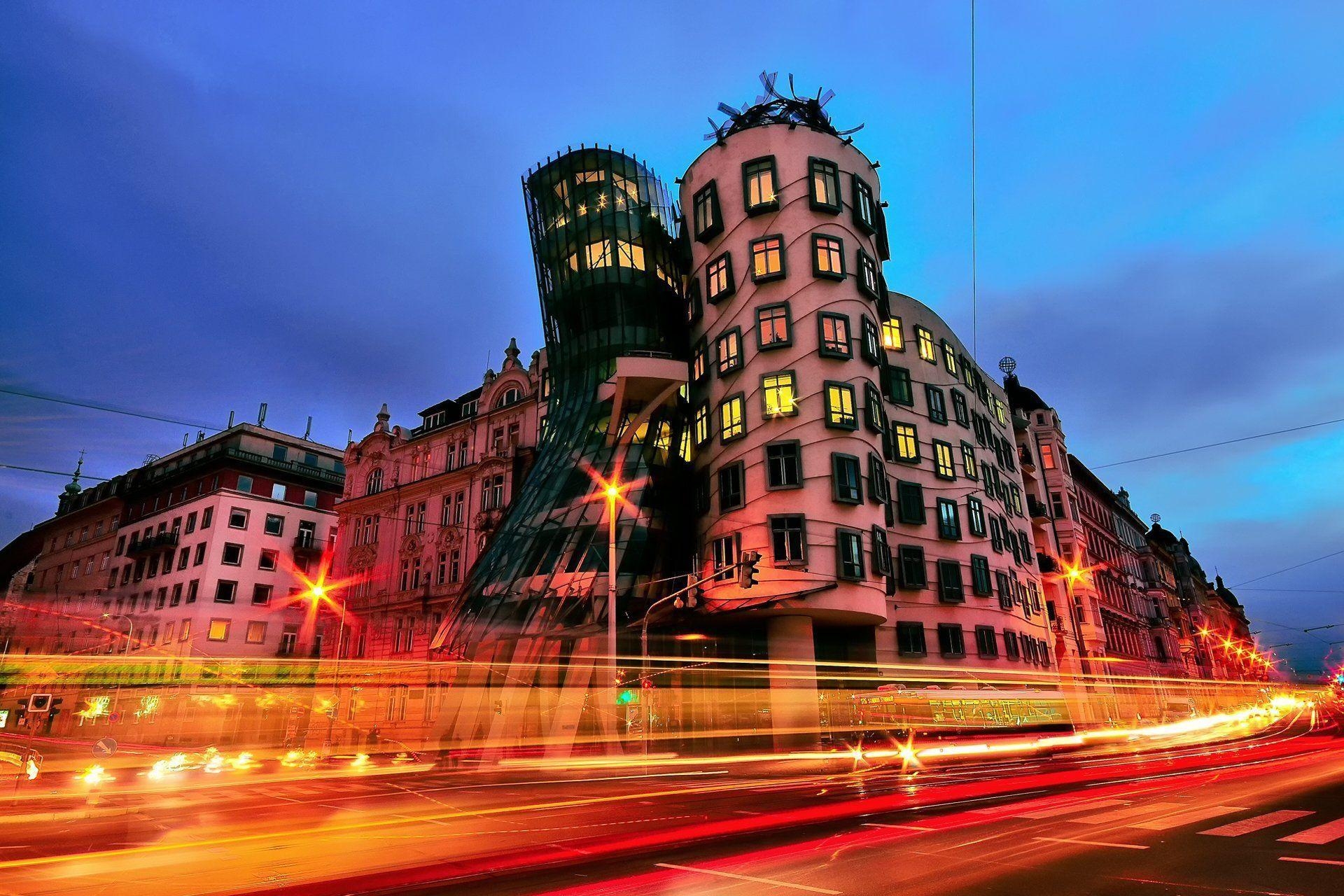 1920x1280 czech republic town prague dancing house night lights extract HD, Desktop