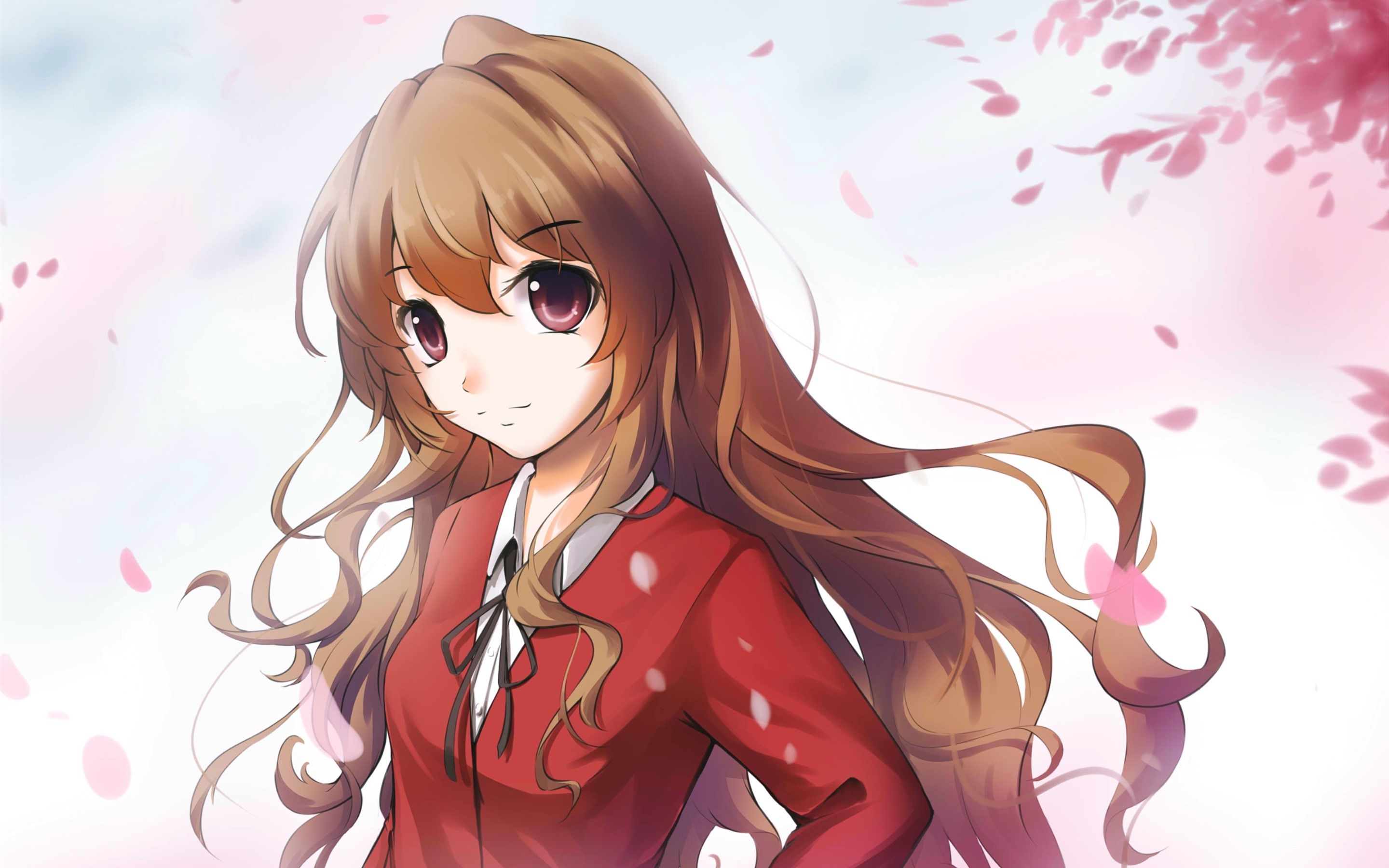 2880x1800 Wallpaper Brown hair anime girl, pink leaves  HD Picture, Image, Desktop