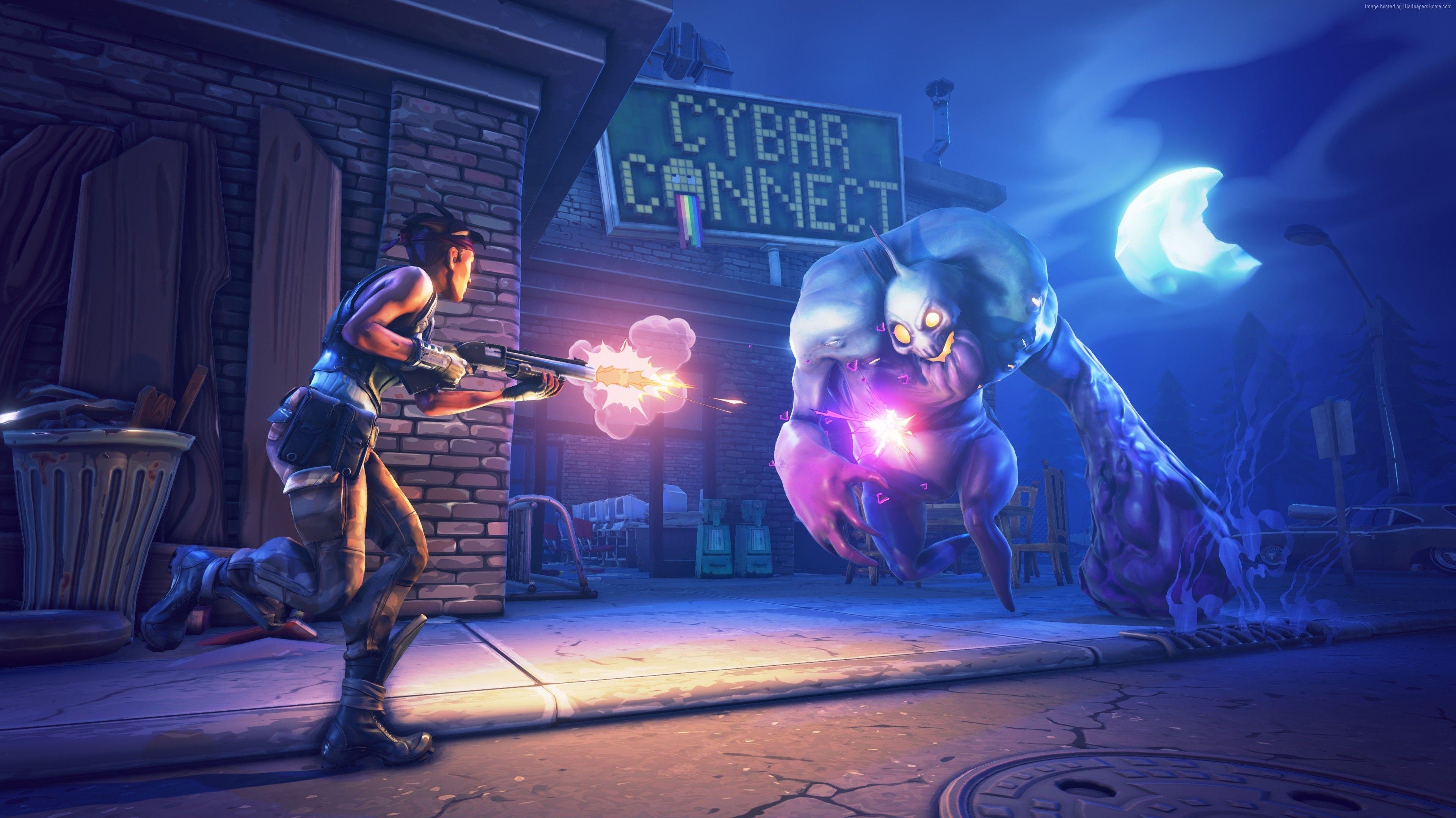 3840x2160 Fortnite Game Shooter Zombie Gun Night Street Moon Art #Art, Desktop