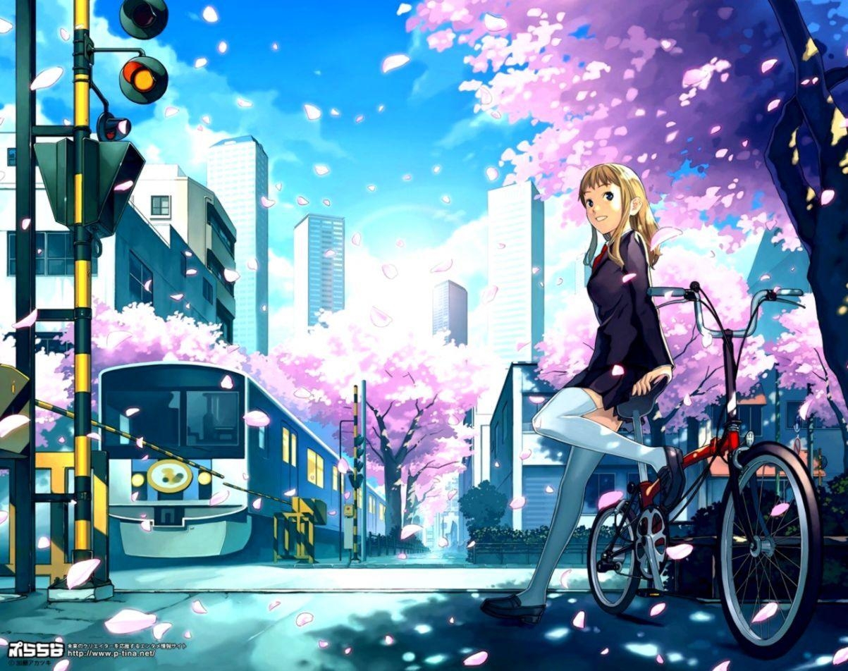 1210x960 Beautiful Anime Girl School Uniform Bicycle HD Wallpaper. Best, Desktop