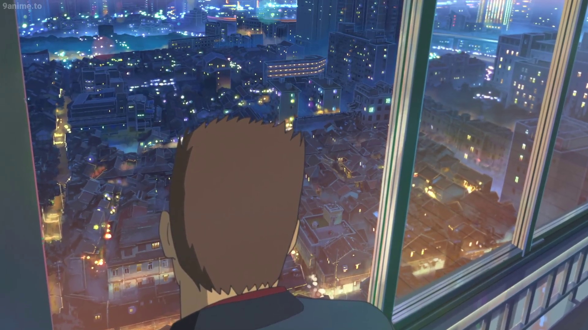 1920x1080 A man admires the Shanghai skyline from his window at night. A scene from the anime feature film 'Flavors of Youth', Desktop