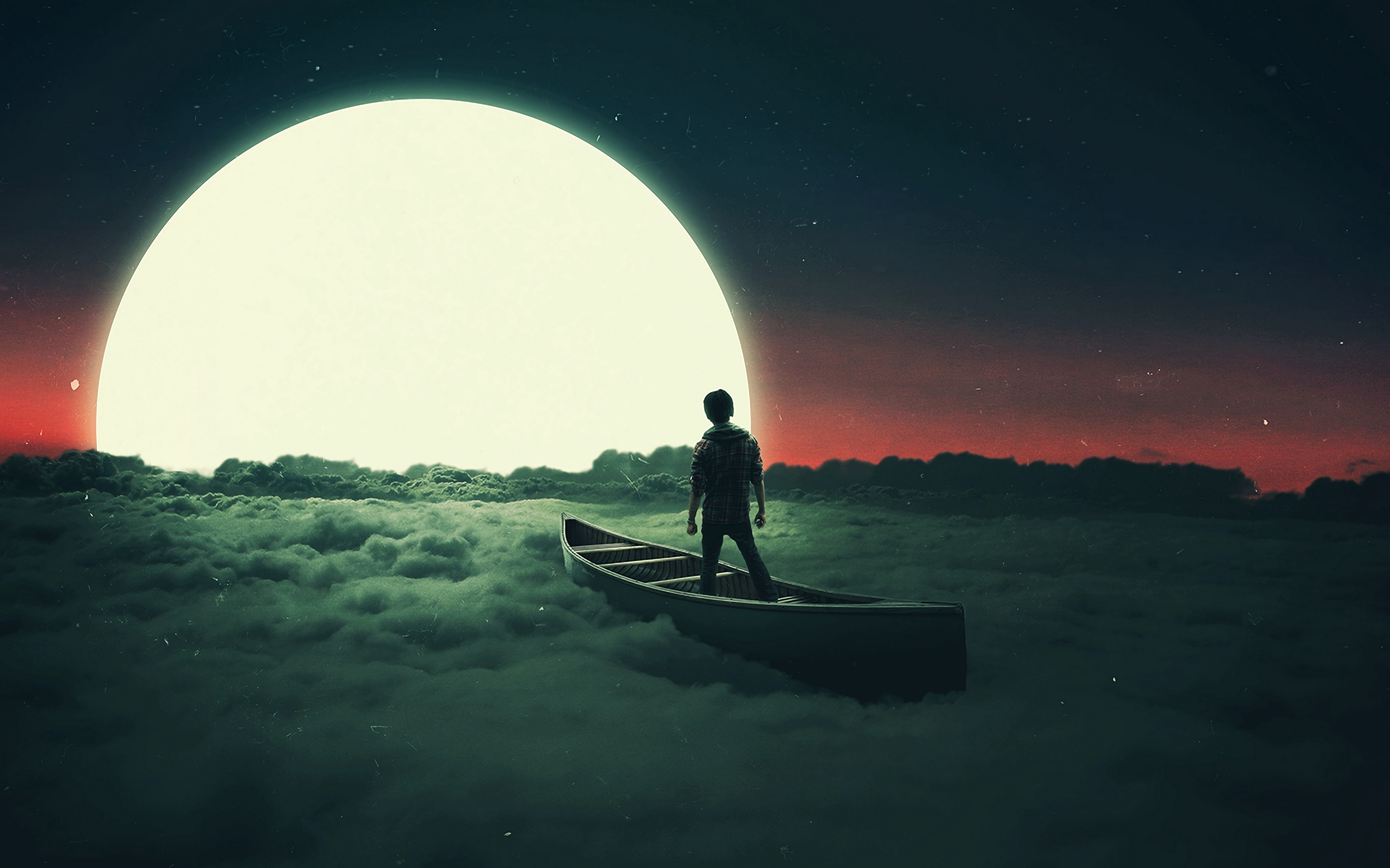 3840x2400 Download wallpaper  silhouette, moon, boat, lonely, Desktop