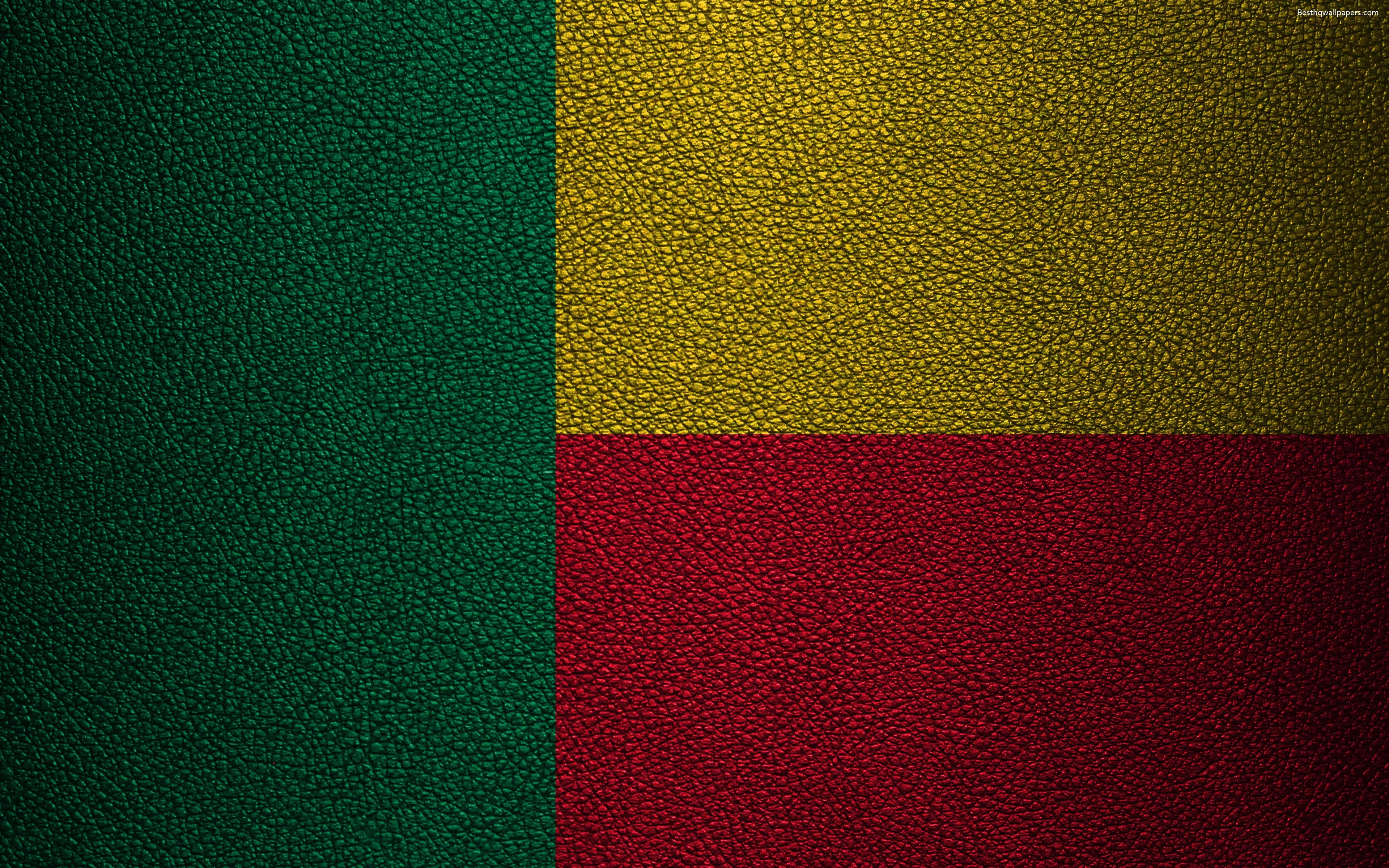 3840x2400 Download wallpaper Flag of Benin, leather texture, 4k, Benin flag, Desktop