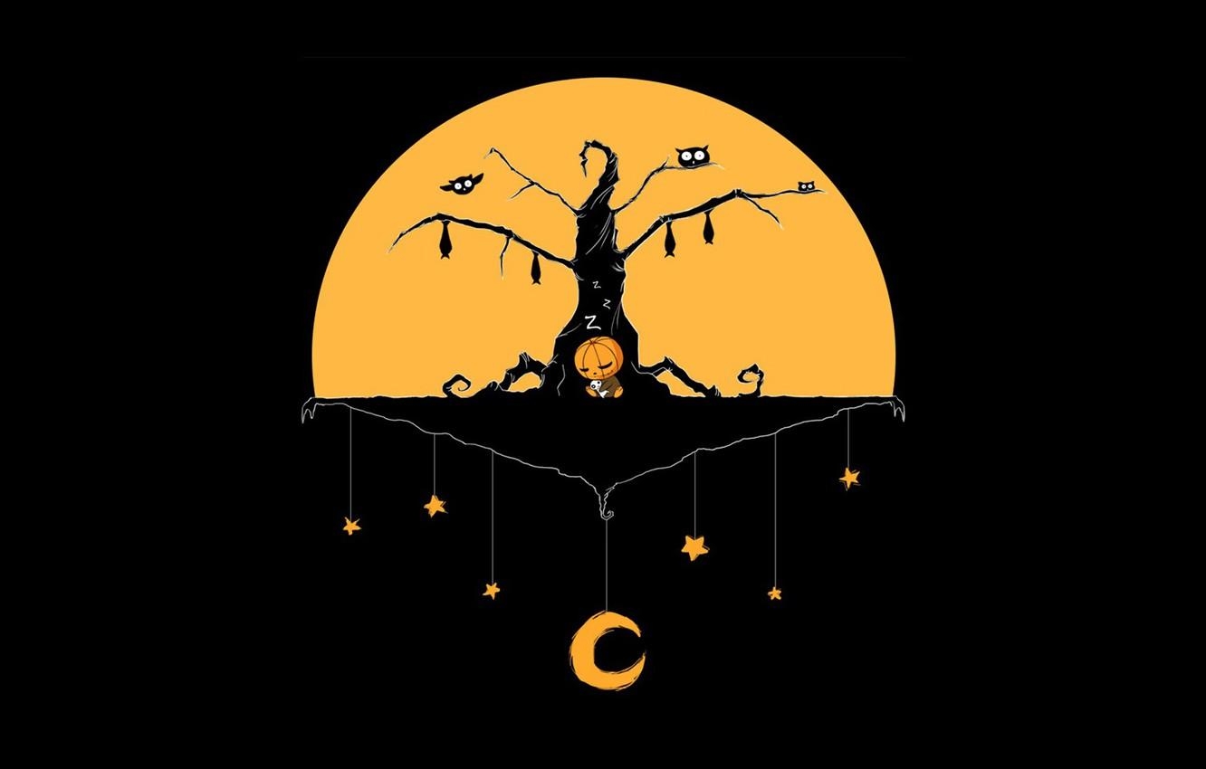 1340x850 Wallpaper Halloween, moon, minimalism, stars, tree, baby, Desktop