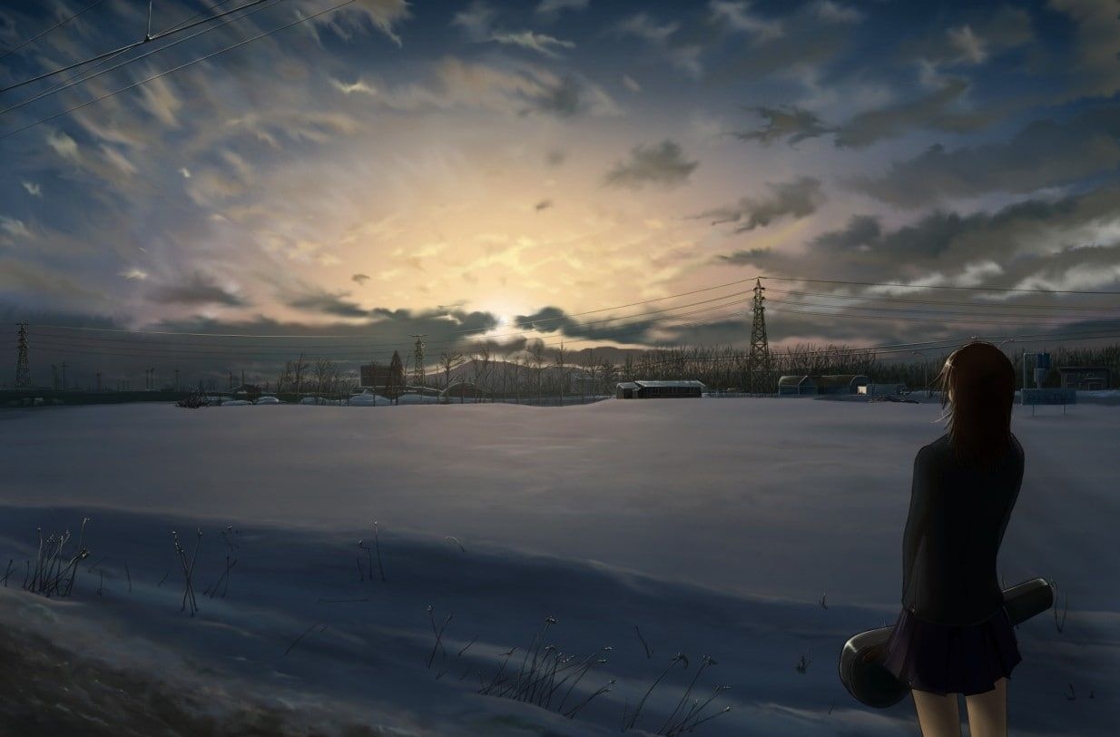 1240x820 Landscape, anime girls, manga, snow, alone, sky, winter, HD, Desktop