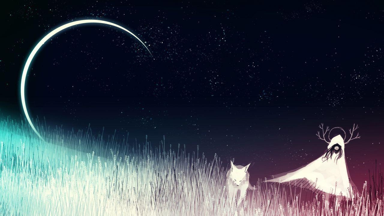 1280x720 Wallpaper Dream, Girl, Fox, CGI, Half moon, HD, Fantasy, Desktop