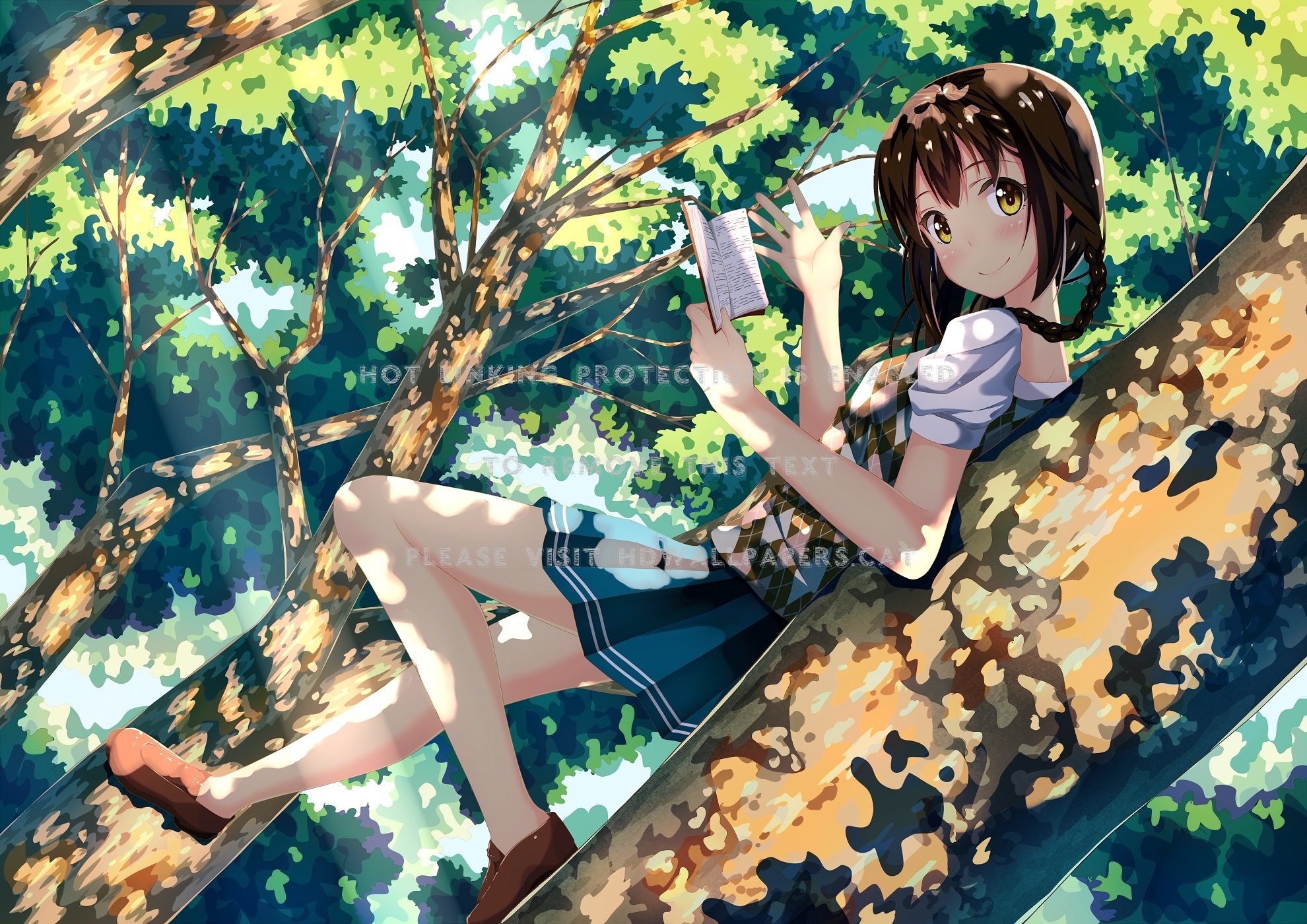 1980x1400 vacations reading anime tree book cute girl, Desktop