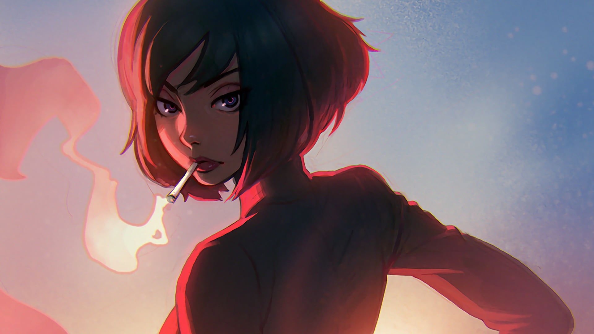 1920x1080 Short Hailed Smoking Female Anime Character, Ilya Kuvshinov, Desktop