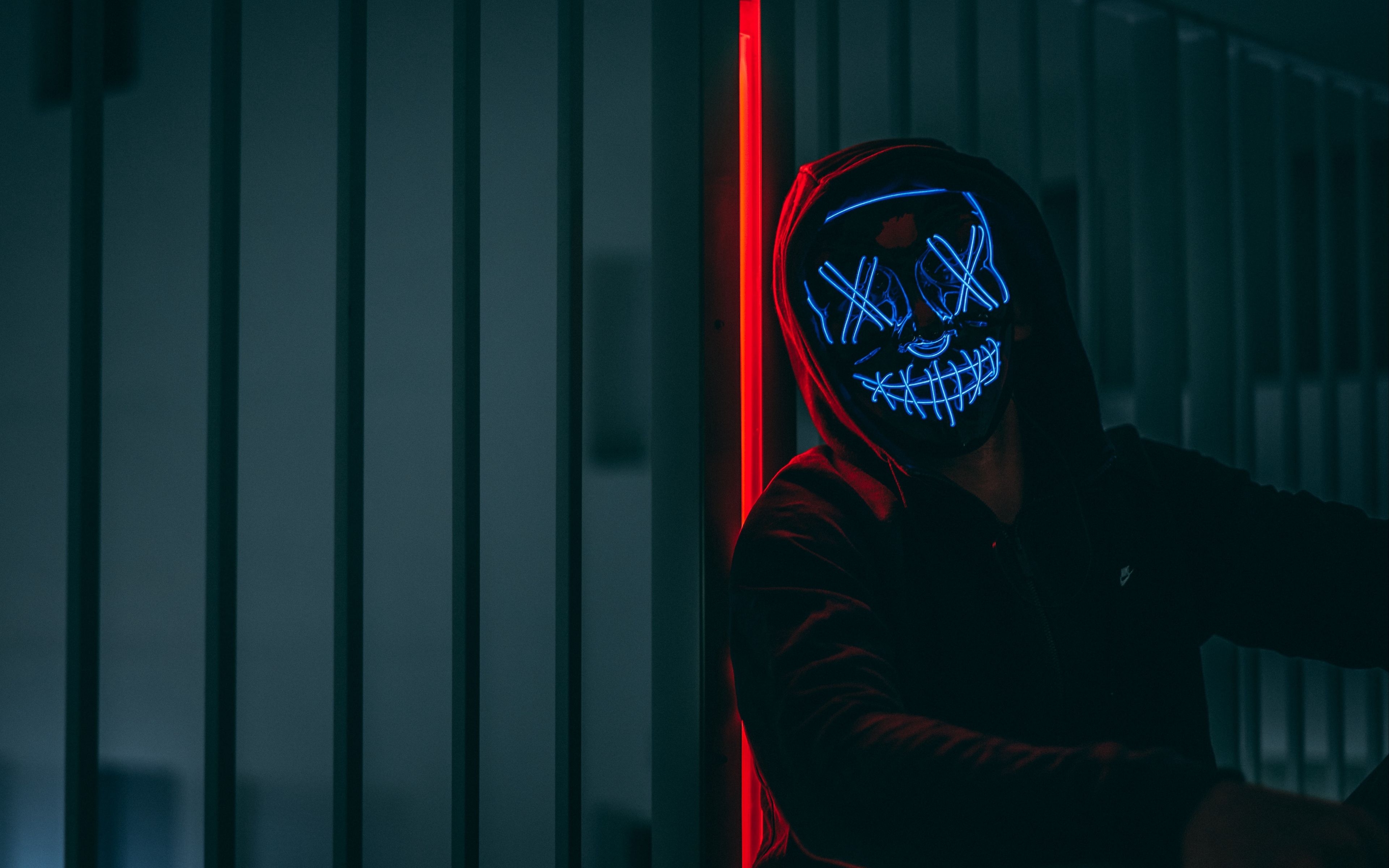 3840x2400 Wallpaper Mask, Hood, Neon, Anonymous, Glow Wallpaper HD, Desktop