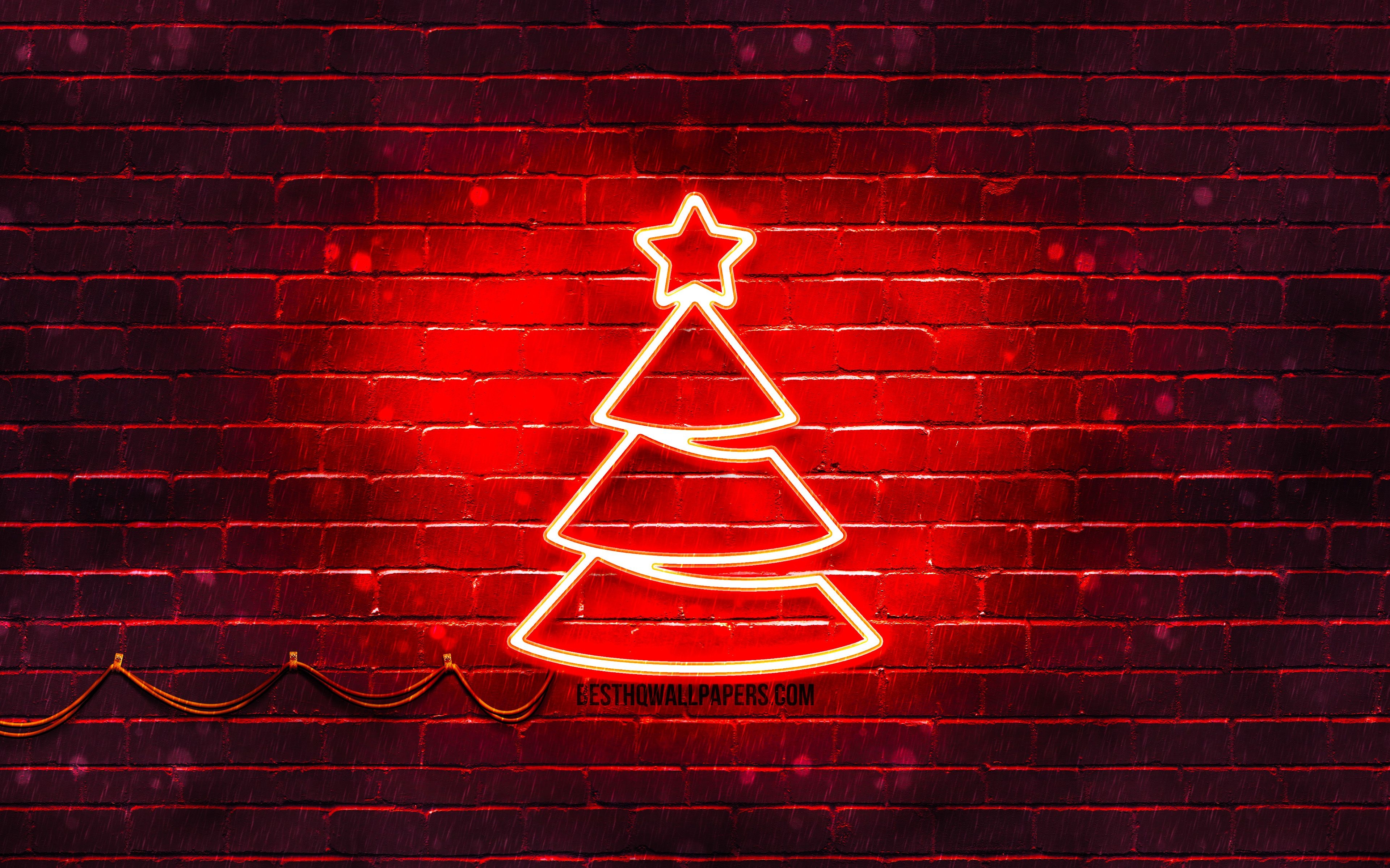 3840x2400 Download wallpaper Red neon Christmas Tree, 4k, red brickwall, Happy New Years Concept, Red Christmas Tree, Xmas Trees, Christmas Trees for desktop with resolution. High Quality HD picture wallpaper, Desktop