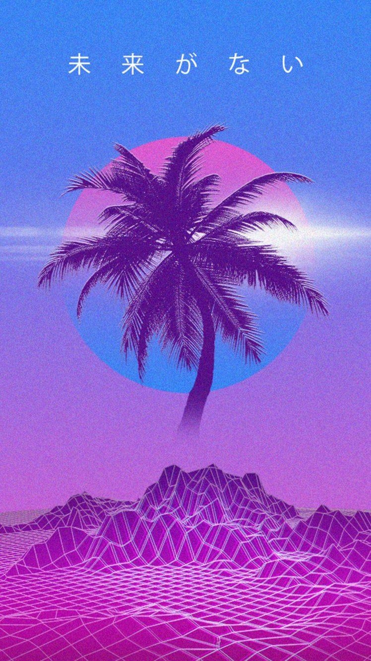 750x1330 vaporwave, Retrowave, Palm trees, Kanji, Japan Wallpaper HD, Phone