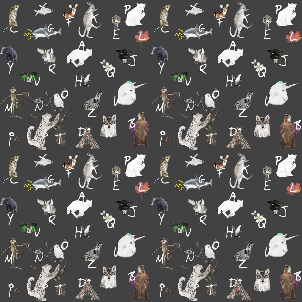 1030x1030 A Z Animal Alphabet Charcoal Base Children's Bedroom Playroom Wallpaper, Phone