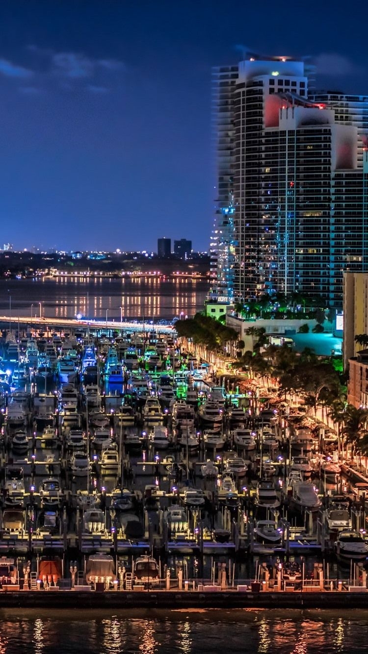 750x1340 Florida, Miami Beach, Yachts, Dock, City, Night, USA  IPhone 8 7 6 6S Wallpaper, Background, Picture, Image, Phone