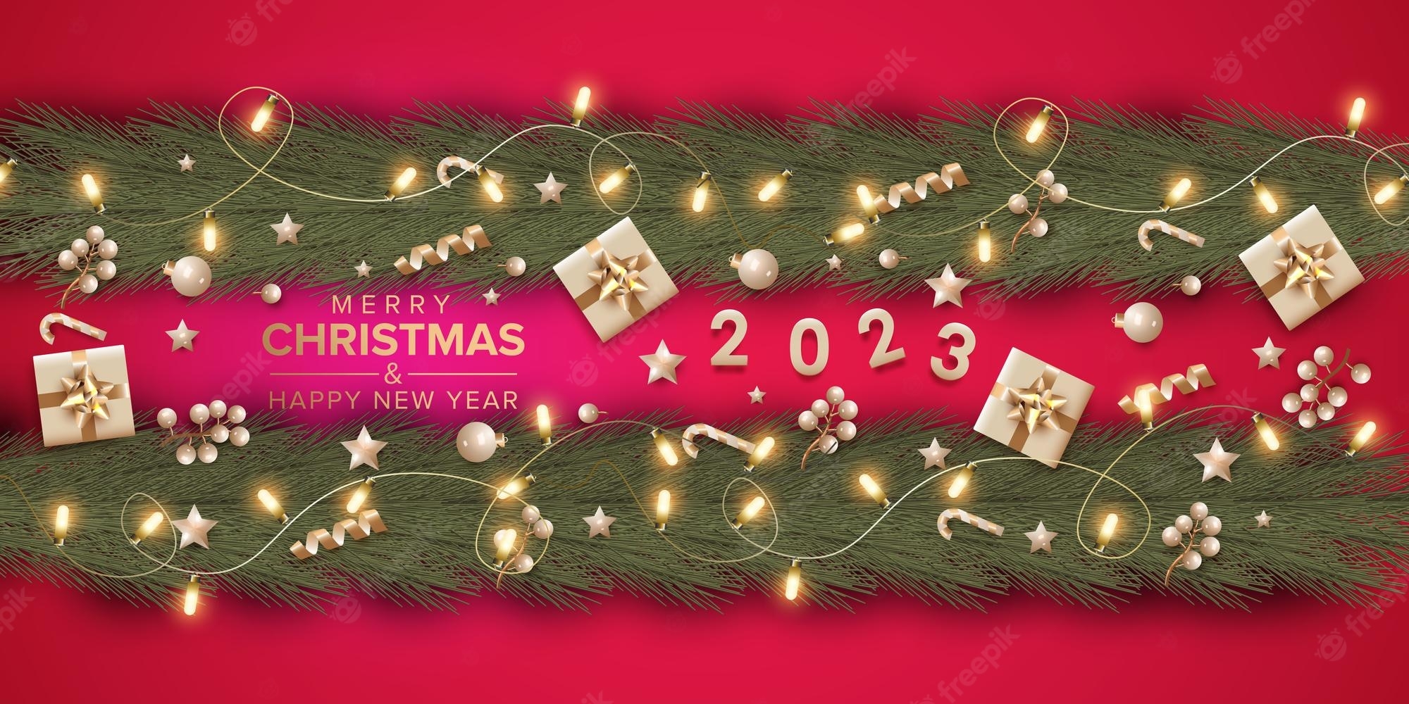 2000x1000 Premium Vector. Merry christmas and happy new year 2023 with realistic decoration on red background, Dual Screen