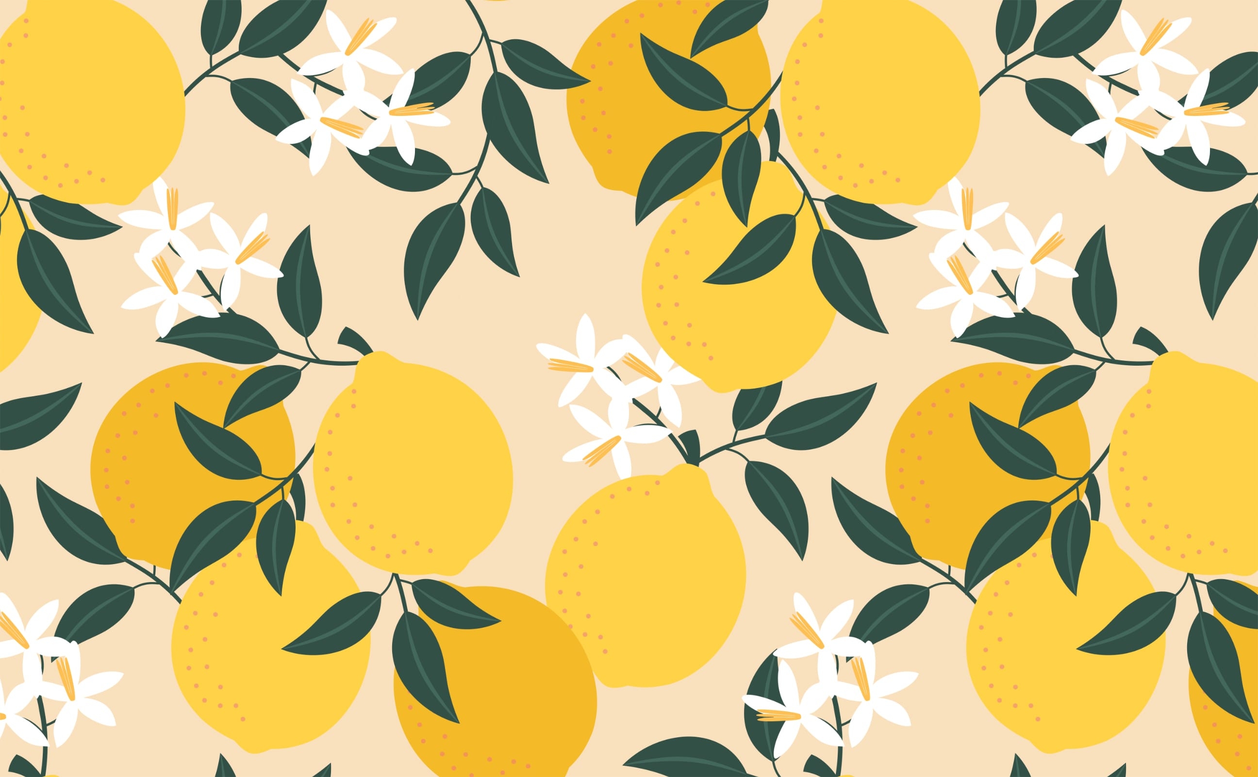 2600x1610 Cheerful lemon fruit and white blossom Pattern Wallpaper for Walls, Desktop