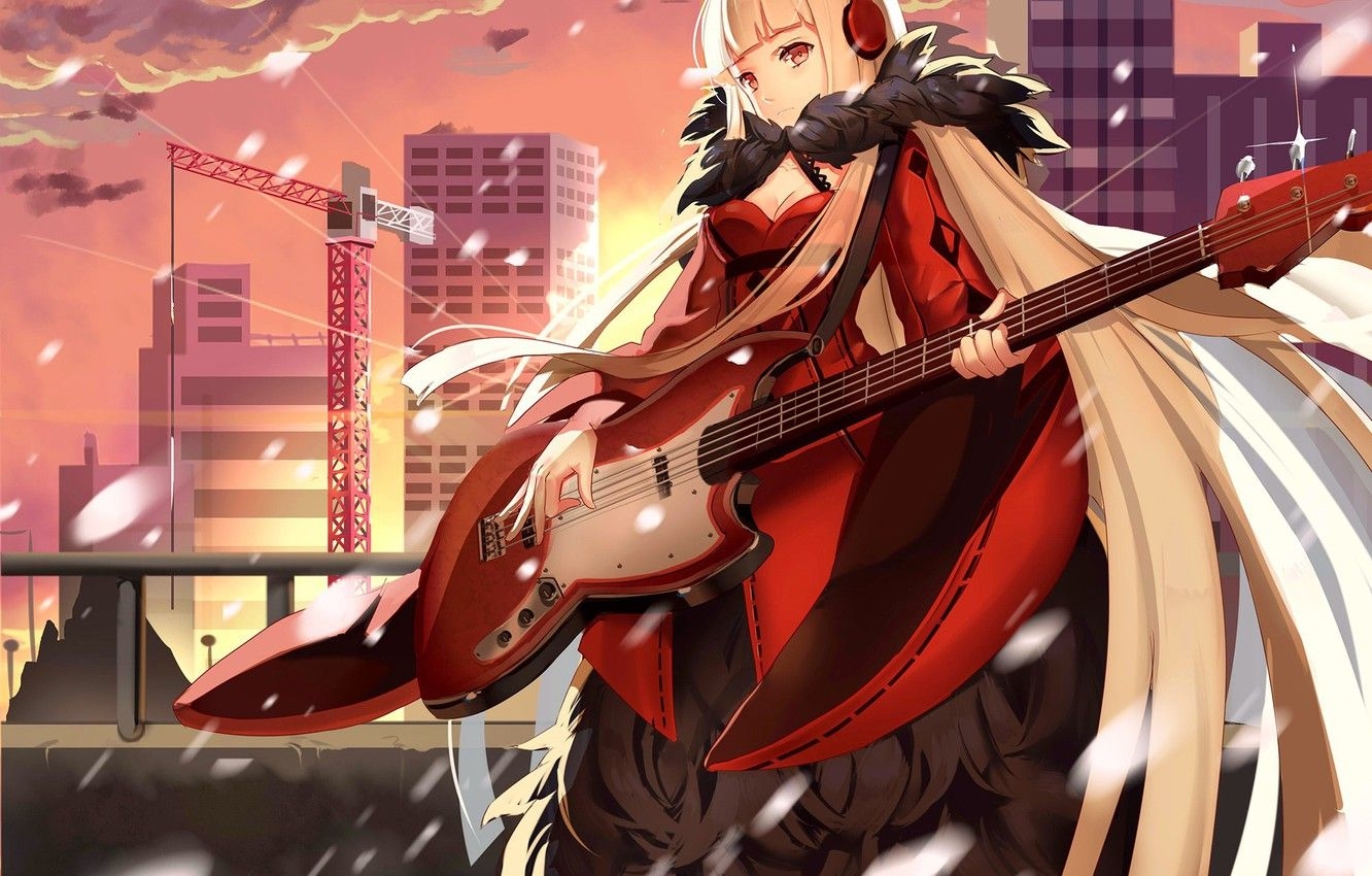 1340x850 Wallpaper city, girl, guitar, anime, pretty, bishojo, headphone, Forever 7th Capital image for desktop, section арт, Desktop