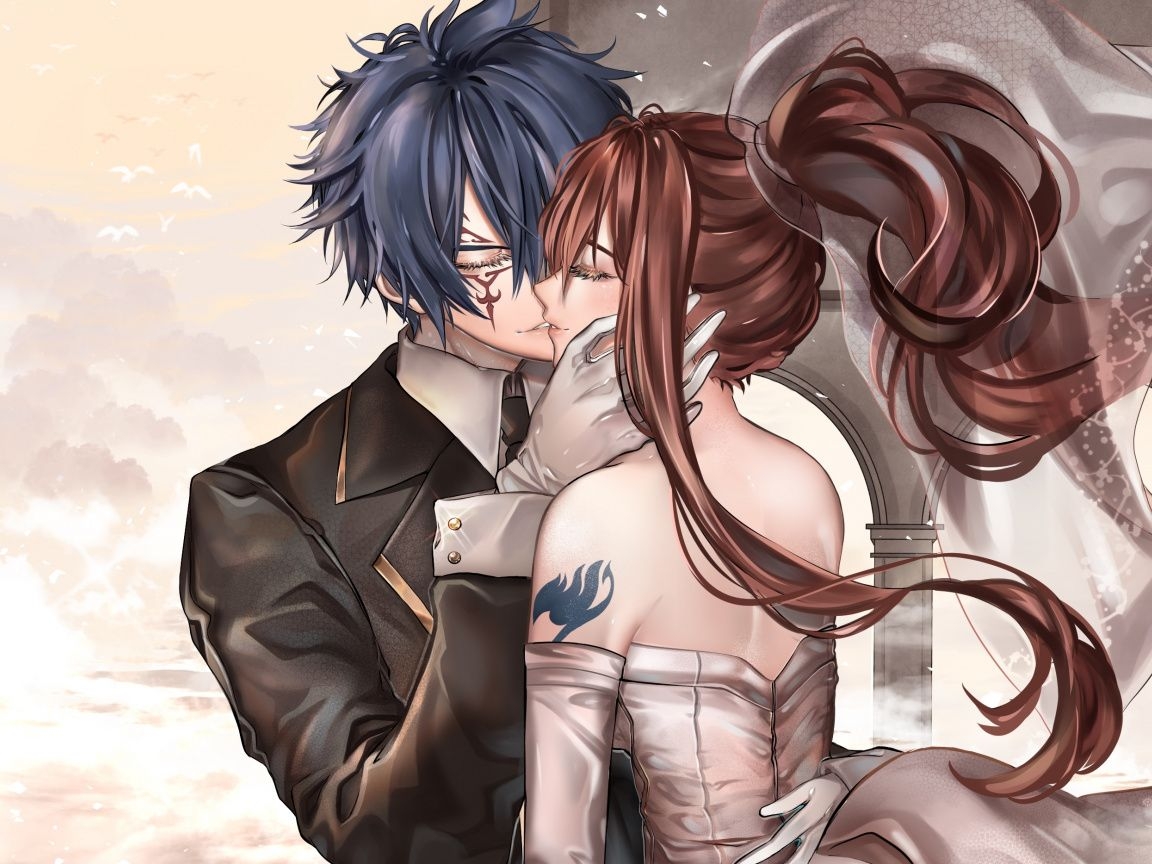 1160x870 Download Anime, couple, kiss, love, Erza Scarlet, Jellal Fernandes, Desktop