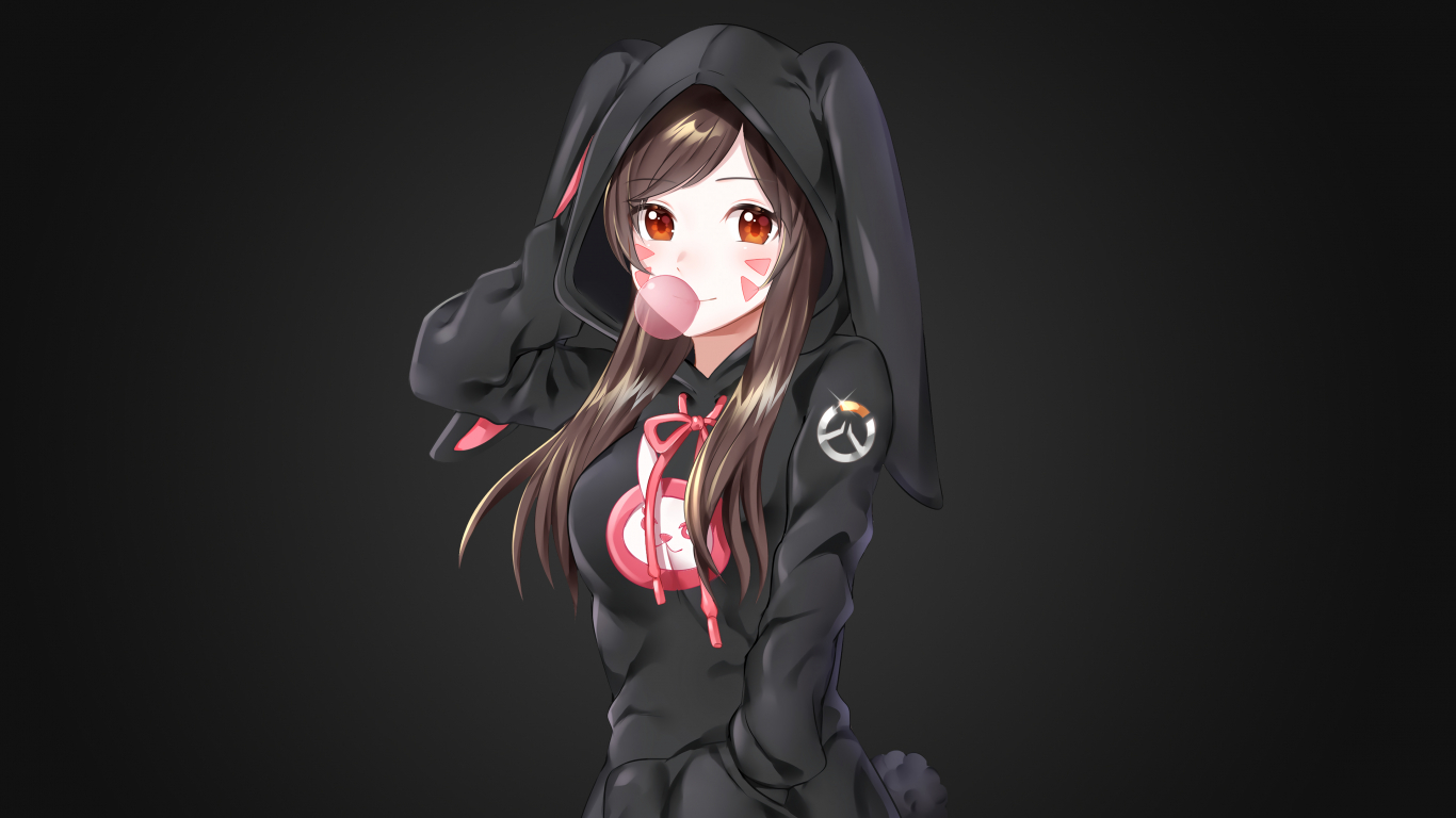 1370x770 Download  Overwatch, D.va, Bunny Costume, Smiling, Gum, Anime Style Wallpaper for Laptop, Notebook, Desktop