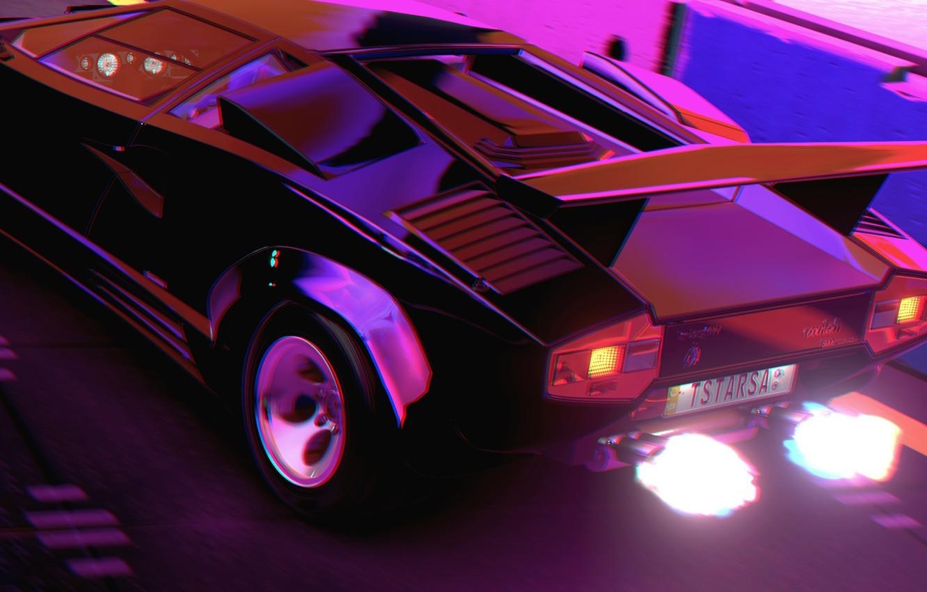 1340x850 Wallpaper Music, Lamborghini, Fire, 80s, Neon, Countach, Desktop