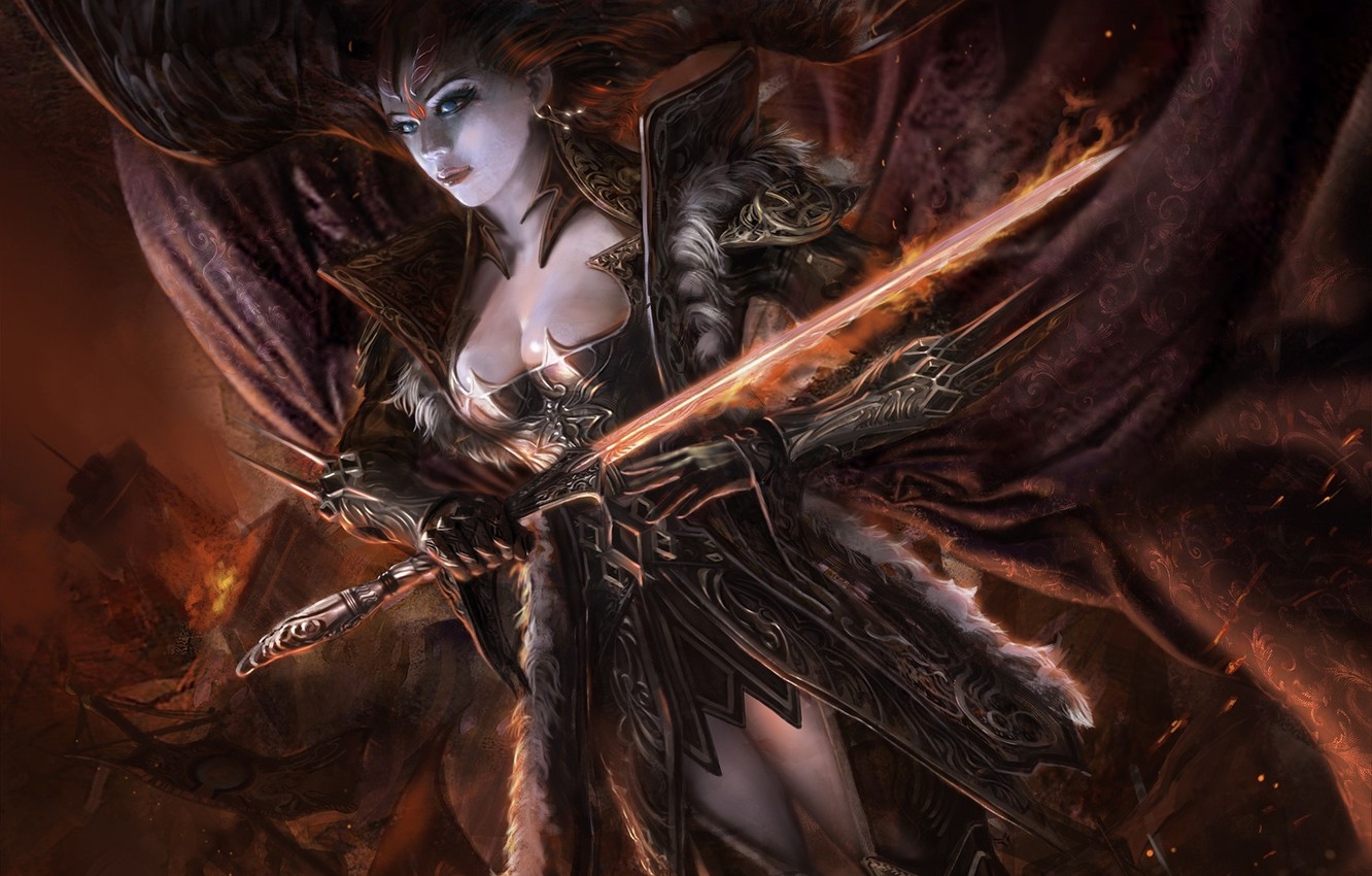 1340x850 Wallpaper girl, wings, sword, art, Legend of the cryptids image for desktop, section игры, Desktop