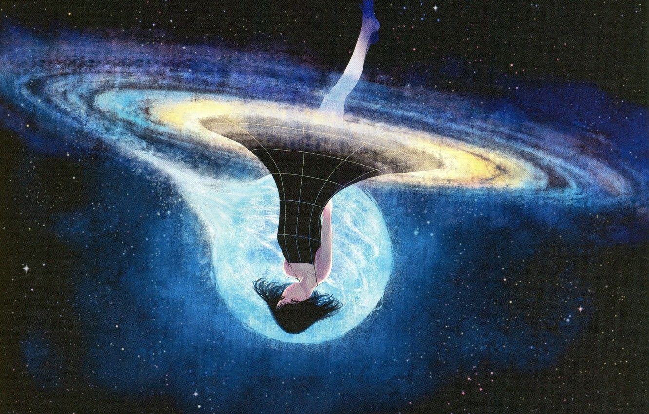 1340x850 Wallpaper space, spiral, galaxy, girl, black dress, barefoot, Desktop