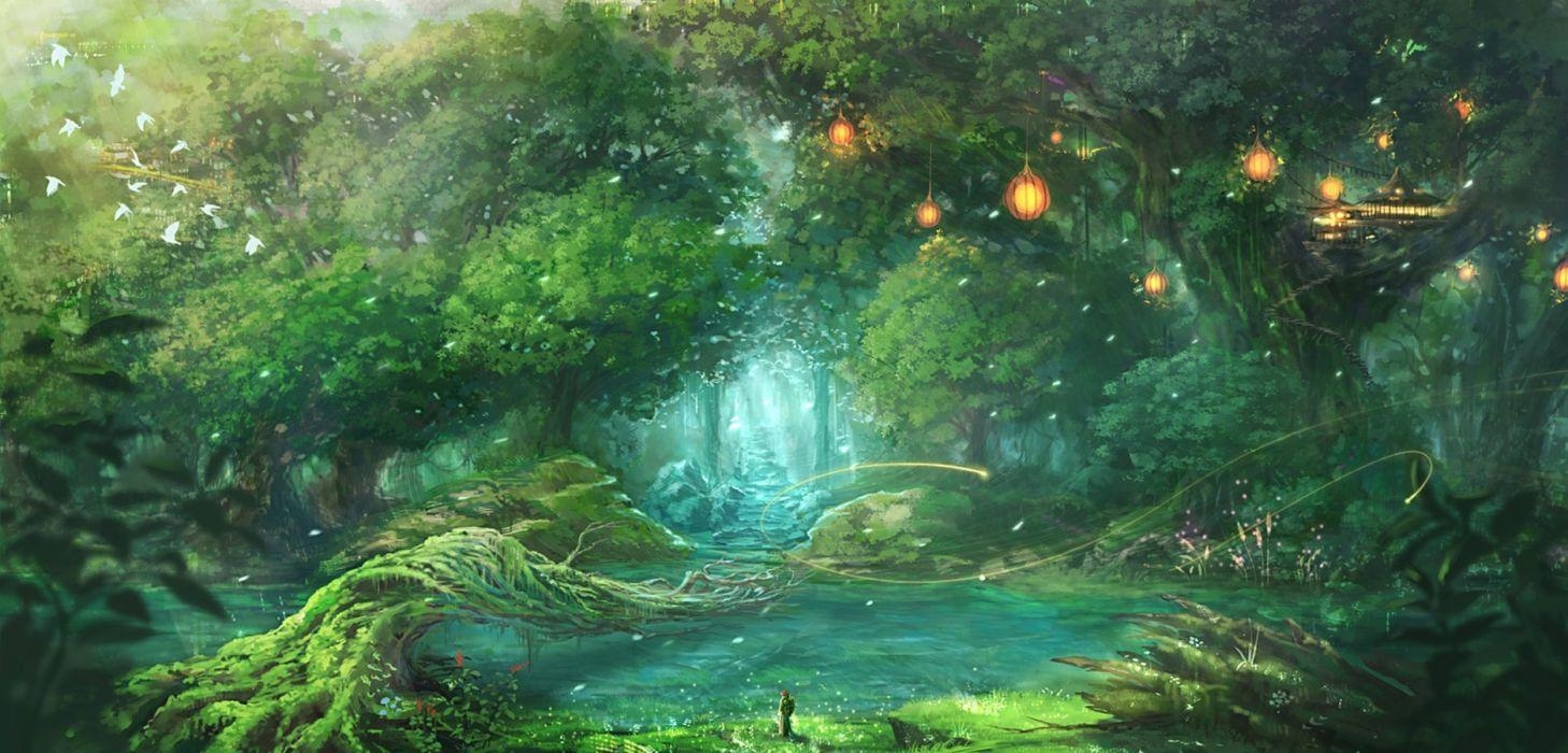 1460x700 Anime Forest Wallpaper Free Anime Forest Background, Dual Screen
