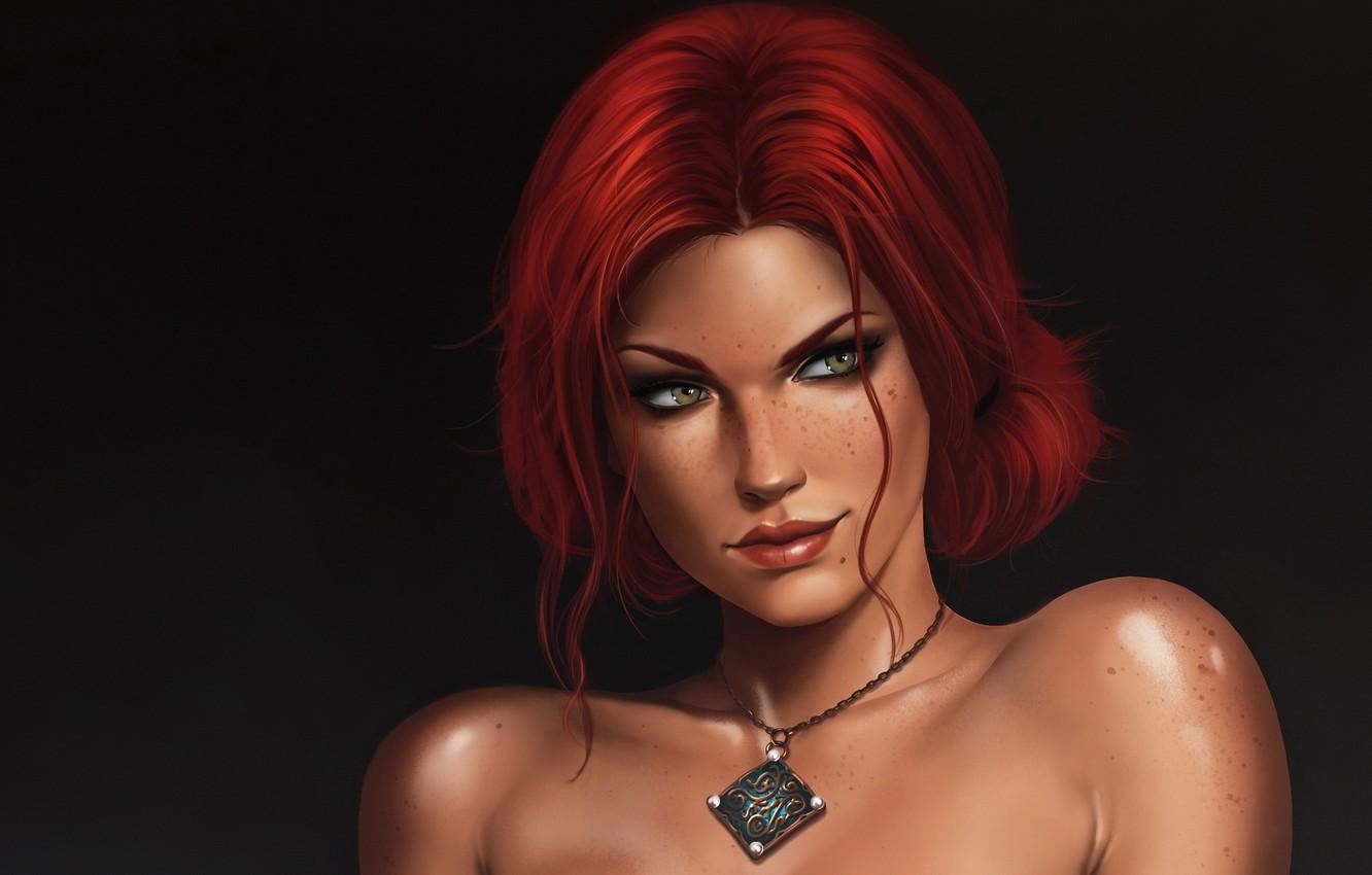 1340x850 Wallpaper girl, pendant, red, girl, the enchantress, Triss Merigold, Desktop