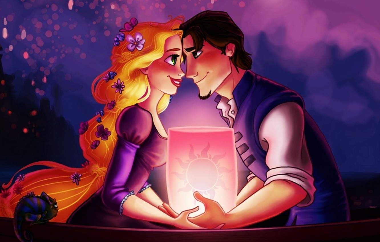 1340x850 Wallpaper the sky, night, lights, lights, river, boat, hair, Rapunzel, lanterns, Princess, lovers, the robber, Tangled, Complicated story, Flynn, Rapunzel image for desktop, section фильмы, Desktop