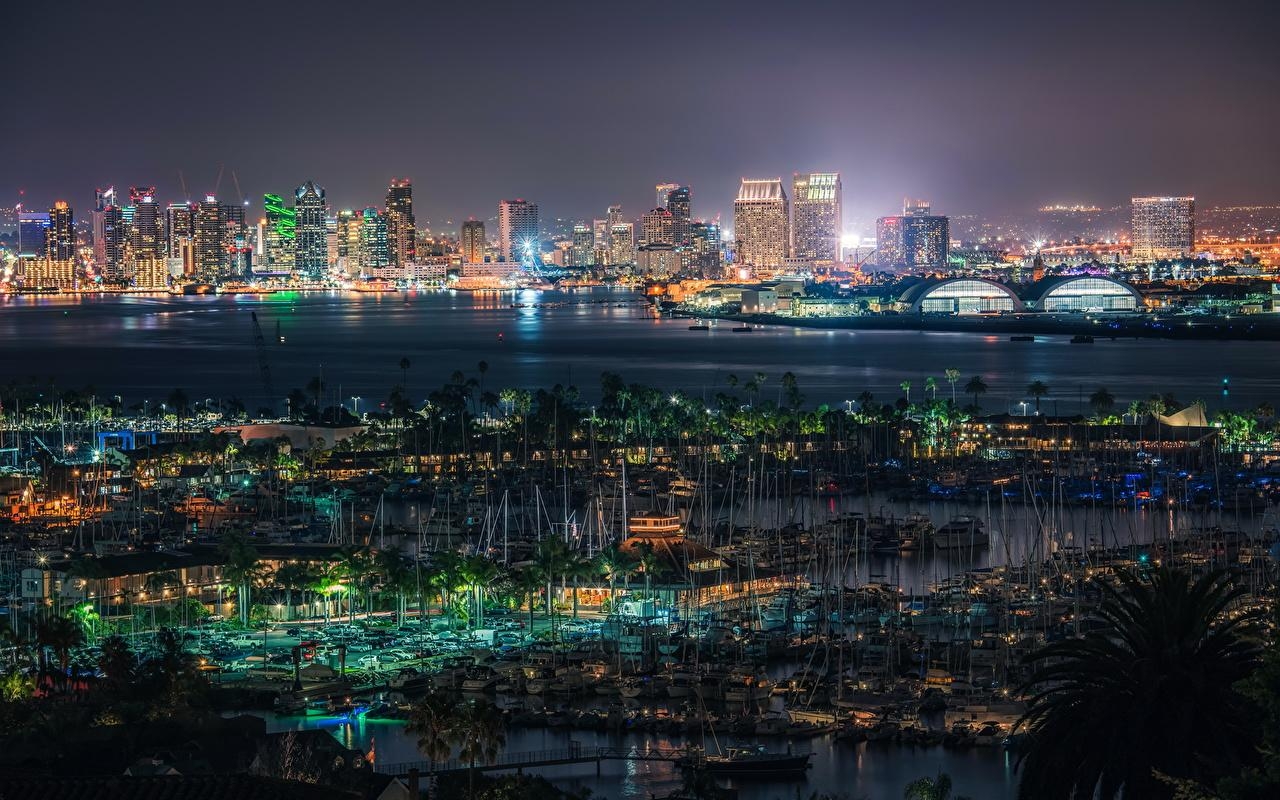 1280x800 Wallpaper San Diego USA Megalopolis Pier night time Cities Building, Desktop
