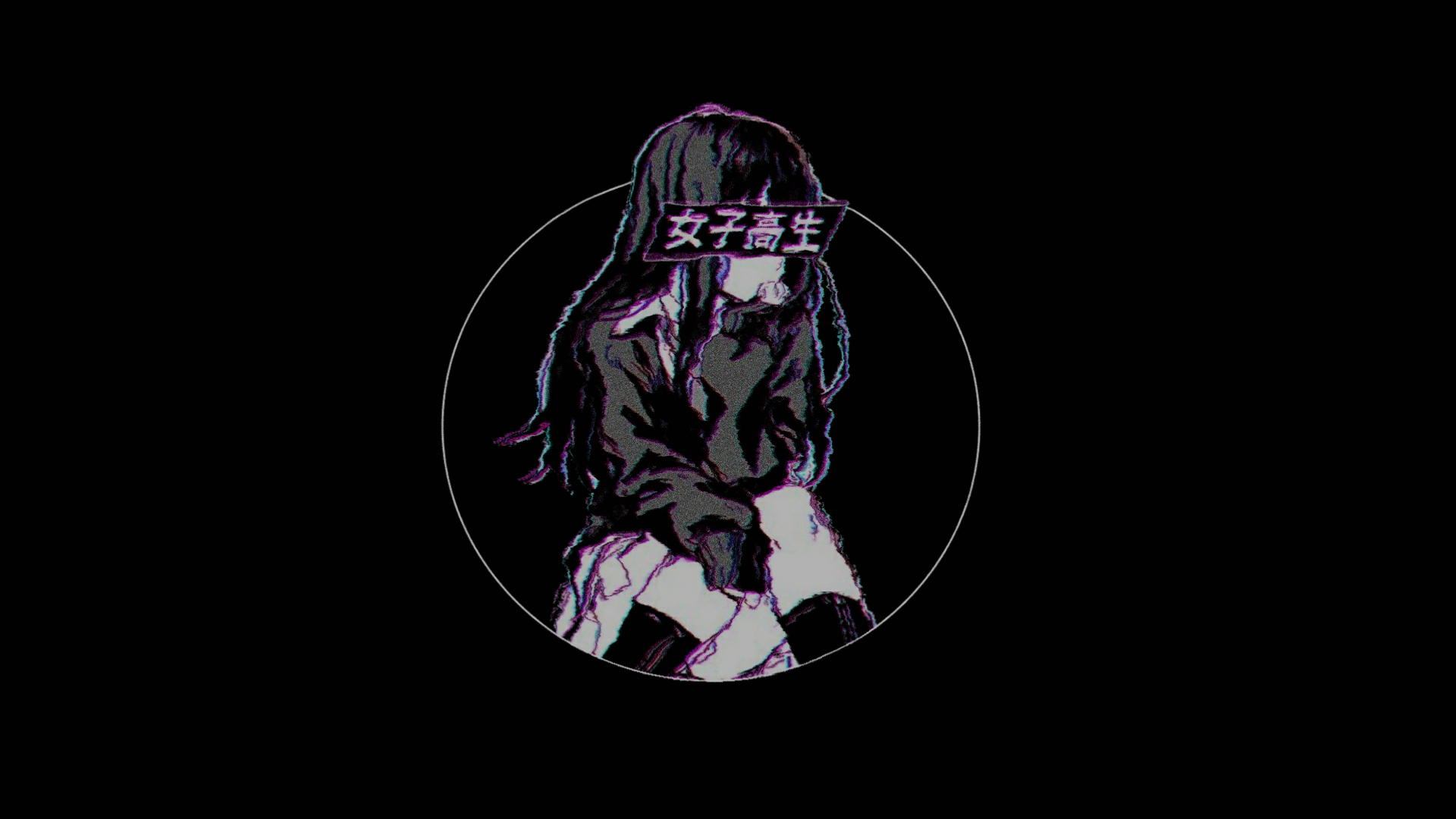 1920x1080 Wallpaper / black background, chromatic aberration, kanji, anime, circle, anime girls free download, Desktop