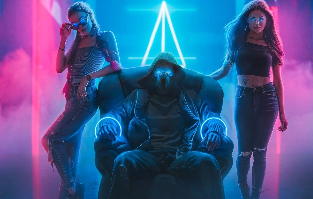 1340x850 Wallpaper lights, pose, girls, smoke, jeans, neon, mask, jacket, Desktop