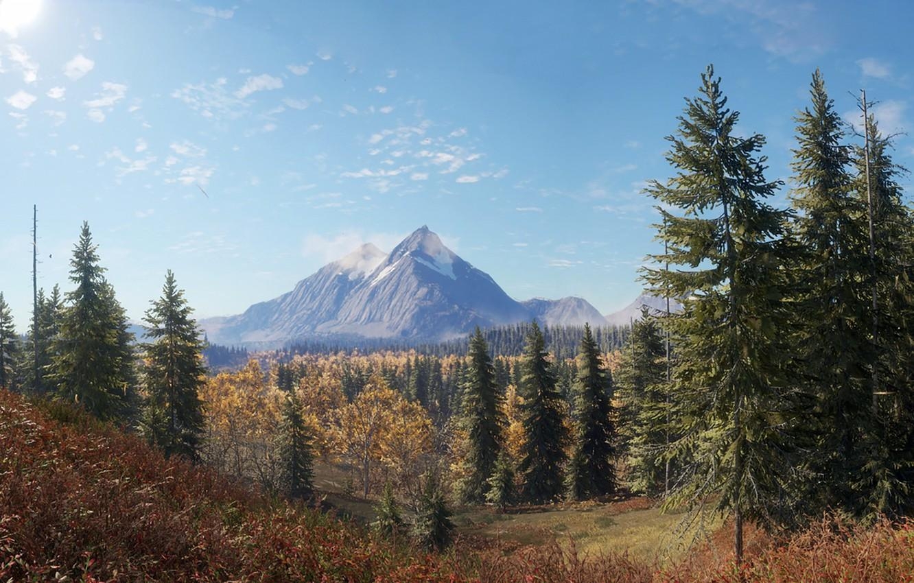 1340x850 Wallpaper The sky, Nature, Mountains, The game, Autumn, Trees, Forest, Spruce, Art, Hunter, Hunting, theHunter™: Call of the Wild image for desktop, section игры, Desktop