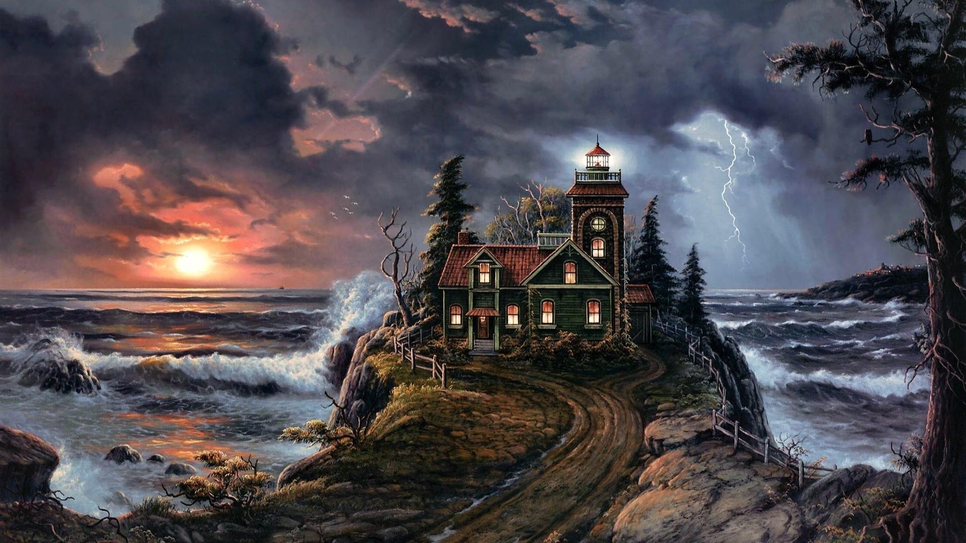 1920x1080 Stormy Lighthouse Oil Painting wallpaper, Desktop