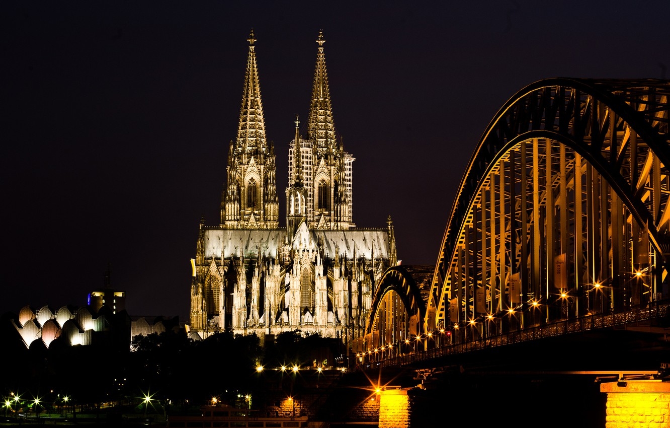 1340x850 Wallpaper light, night, bridge, the city, river, Germany, Church, Germany, Germany, Cologne Cathedral, Cologne Cathedral, Cologne, Cologne, Rhine, Hohenzollern Bridge, Cologne Cathedral image for desktop, section город, Desktop