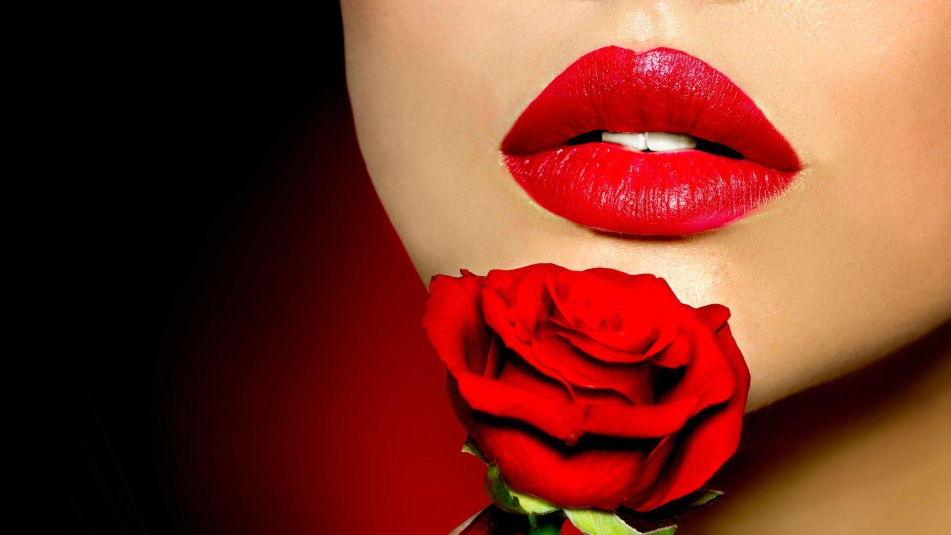 1920x1080 Wallpaper Desktop HD of Beauty Red Lips With Rose, Desktop