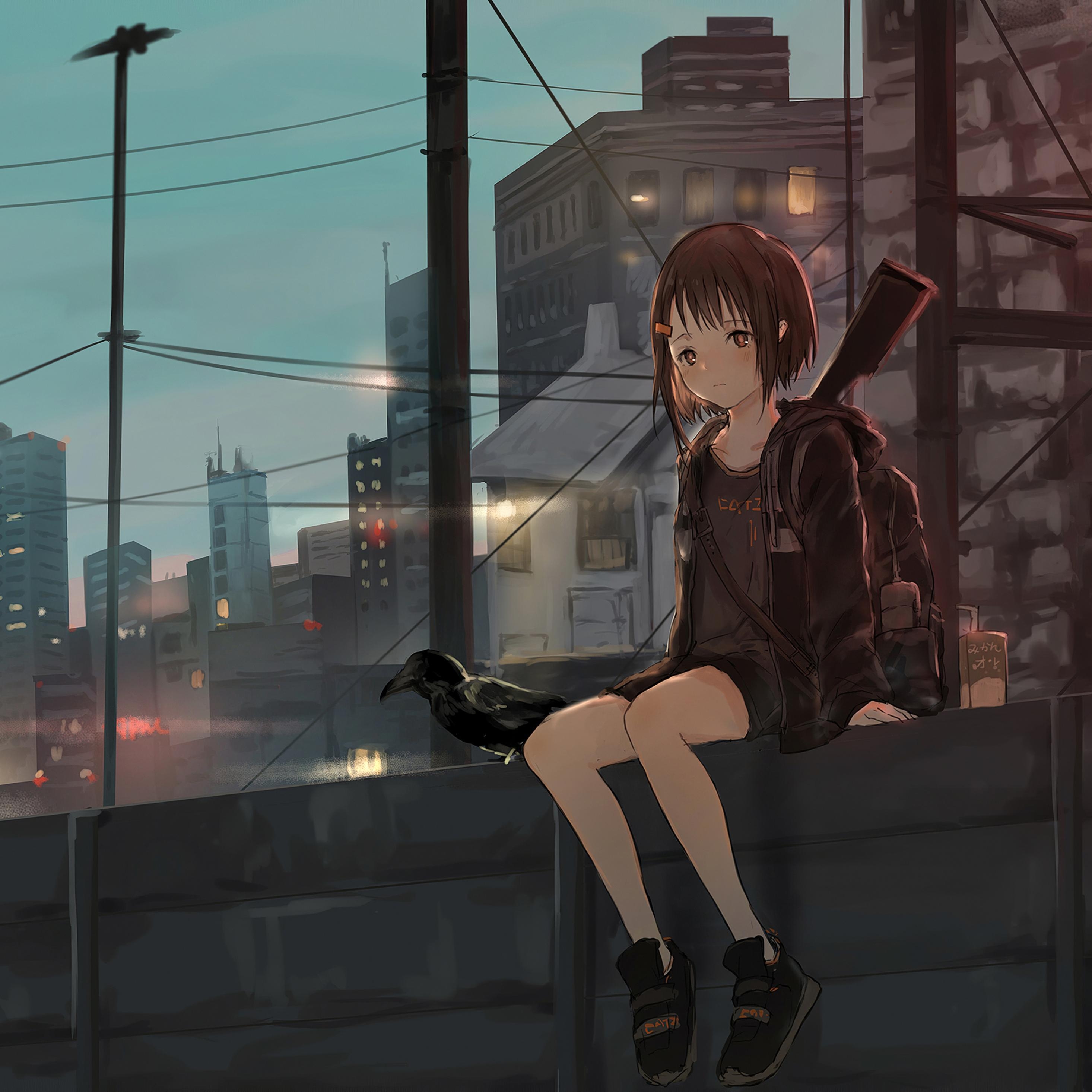 2940x2940 Anime Girl Sitting Alone Roof Sad 4k iPad Pro Retina, Phone