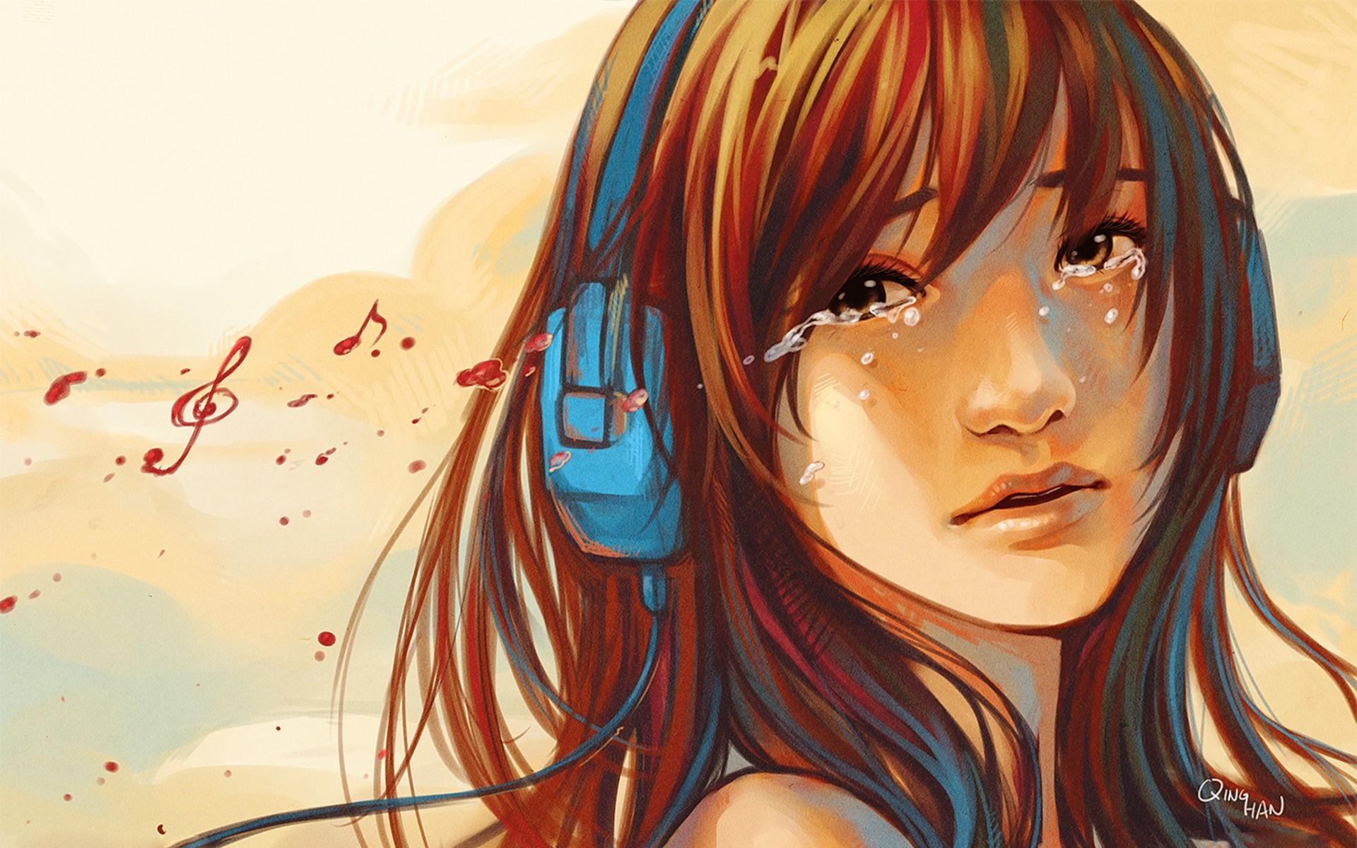 1920x1200 Anime Girl, Music, Crying, Headphone, Art, Retro, Wallpaper, Desktop